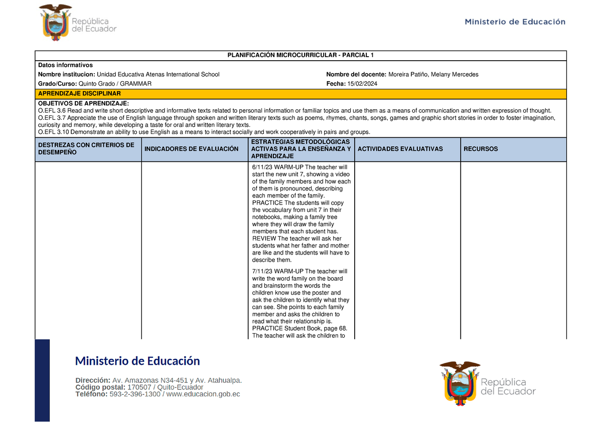 Planificacion Microcurricular Por Parcial Grammar 2023 - 2024 ...