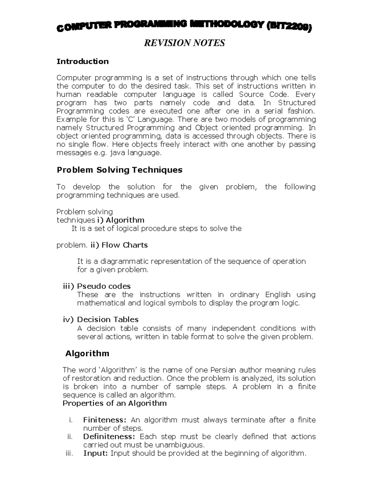 Programming Methodology MAIN Notes - REVISION NOTES Introduction ...