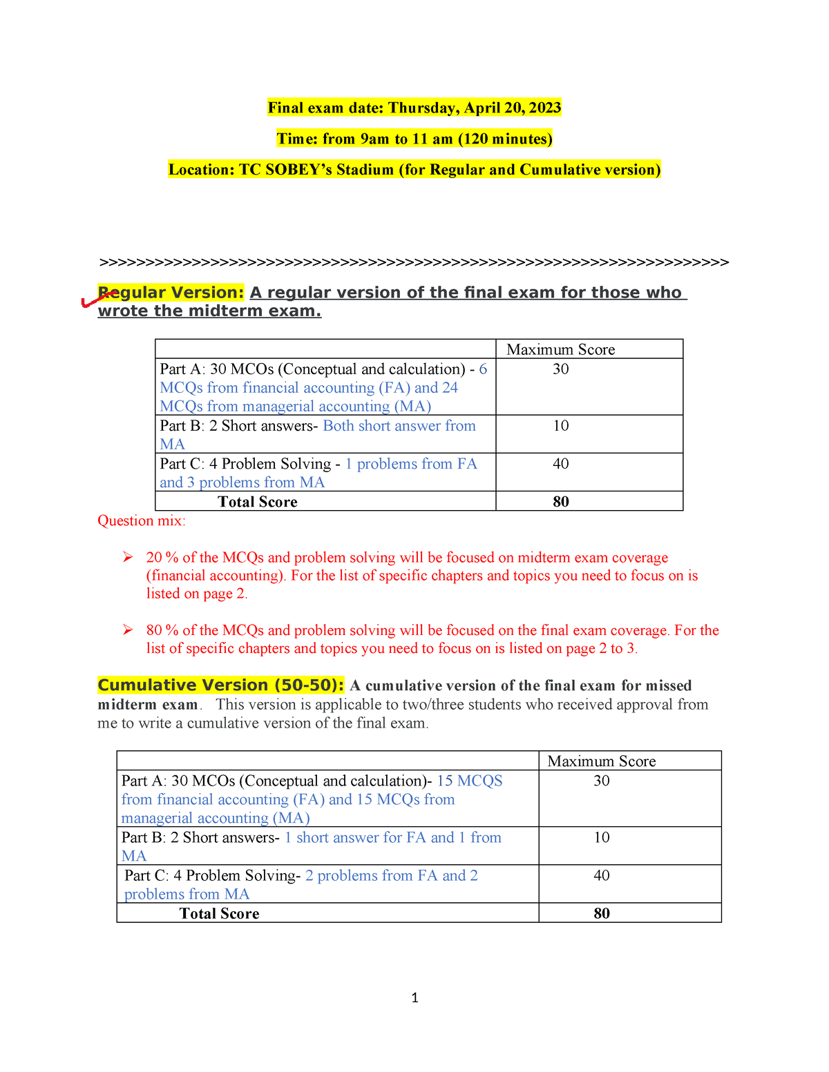 ADMS 1500 Winter 2023 Final Exam Revised Checklist - Final exam date ...