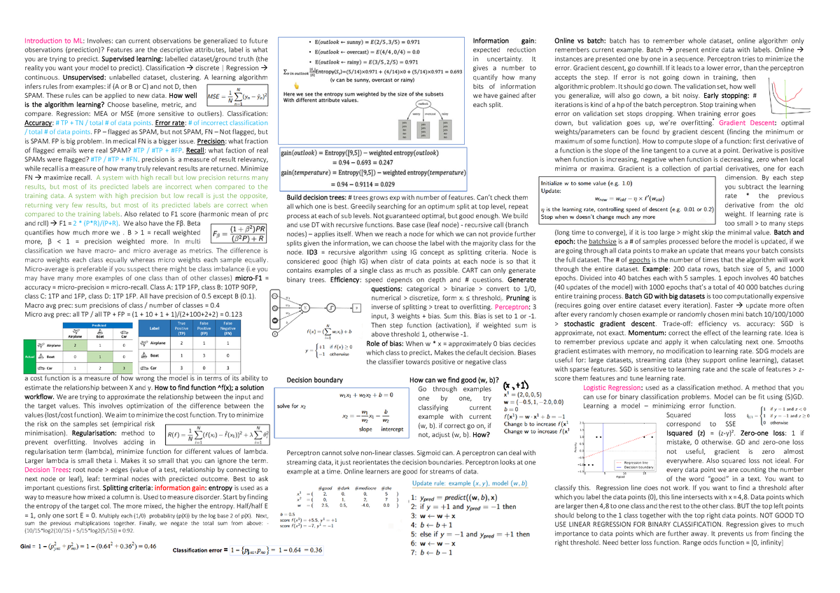 Cheatsheet Versie 1 - Introduction to ML: Involves: can current ...