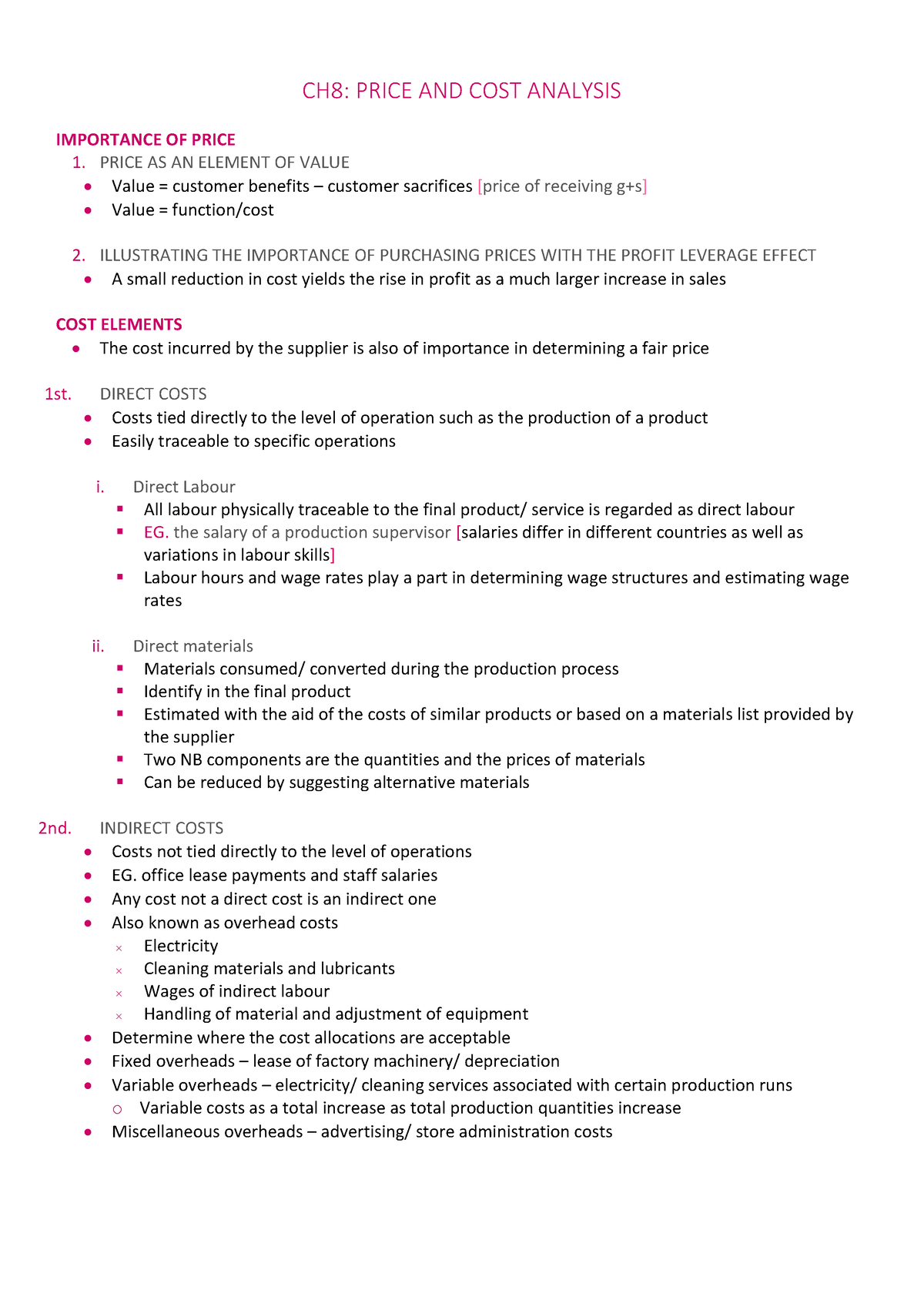 OBS216CH8- Notes - Chapter 8 - CH8: PRICE AND COST ANALYSIS IMPORTANCE ...