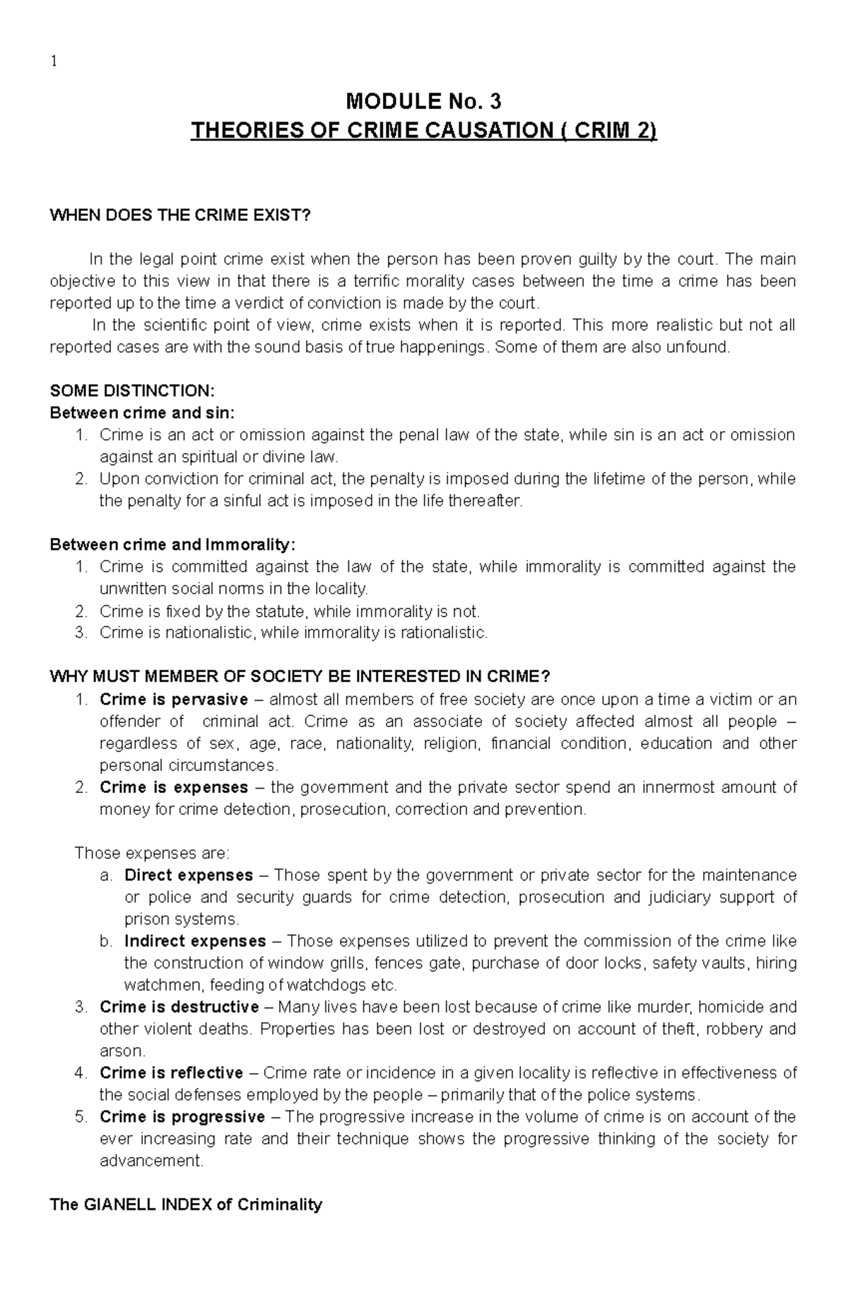 Crim 2 - Notes - MODULE No. 3 THEORIES OF CRIME CAUSATION ( CRIM 2 ...