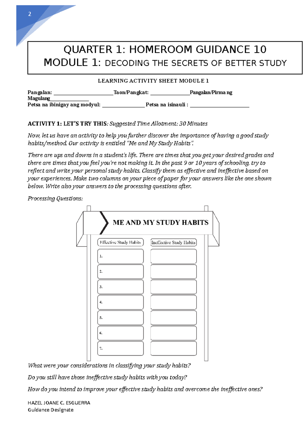 LAS Homeroom Guidnace Quarter 1 - 2 LEARNING ACTIVITY SHEET MODULE 1 ...