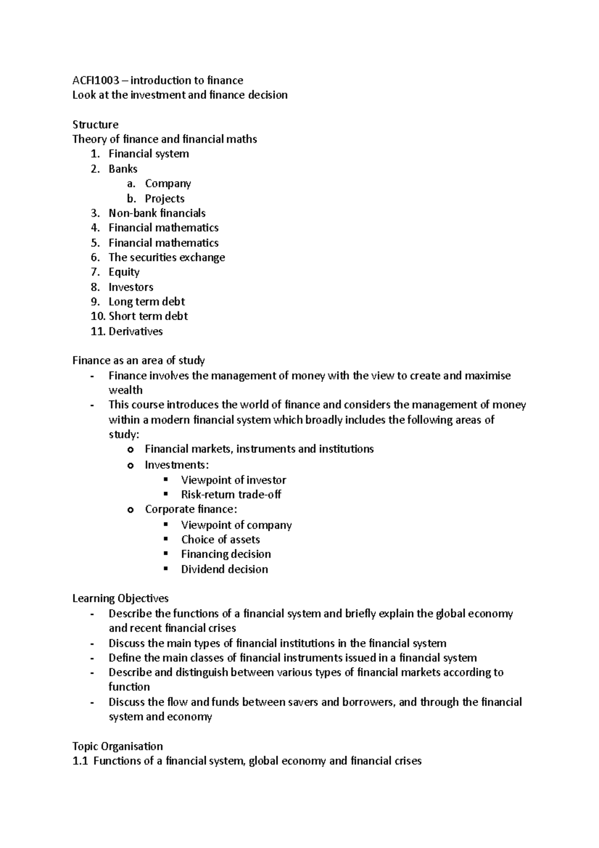 Finance lecture notes - week 1 - ACFI1003 – introduction to finance ...