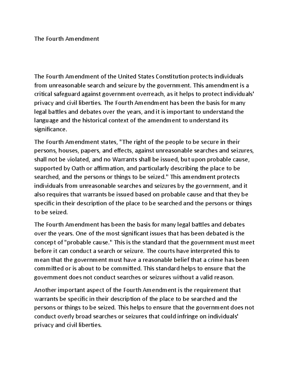 The Fourth Amendment notes - The Fourth Amendment The Fourth Amendment ...