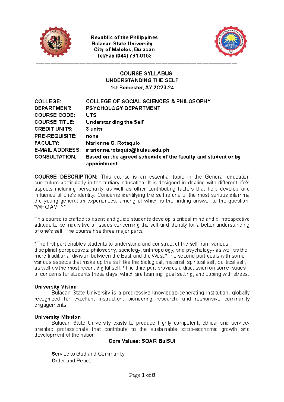 Syllabus UTS20232024 Republic of the Philippines Bulacan State