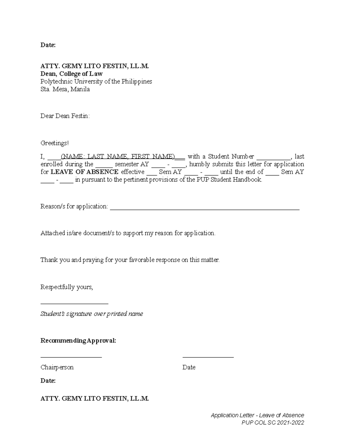 Letters - LOA and Readmission - Date: ATTY. GEMY LITO FESTIN, LL. Dean ...