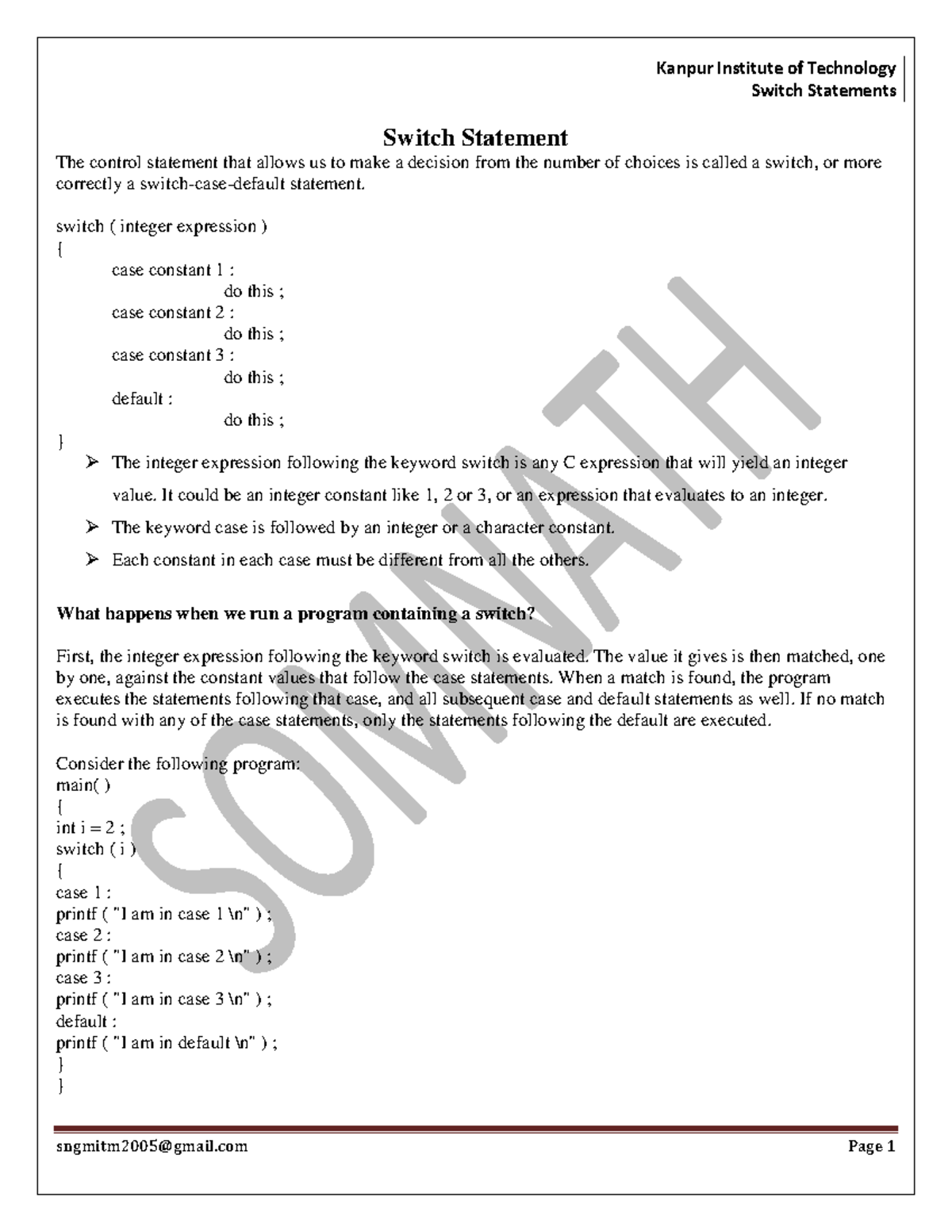 12 Switch Statement Topic - Switch Statements Switch Statement The ...