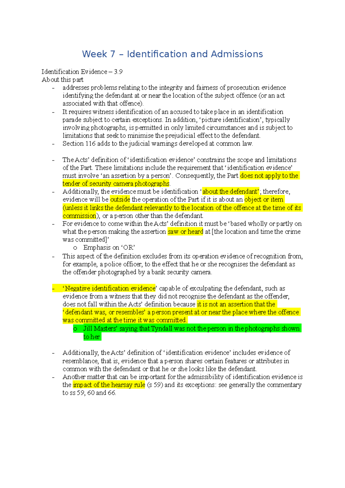 EVIDENCE - Week 7 - Identification and Admissions Evidence - Week 7 ...