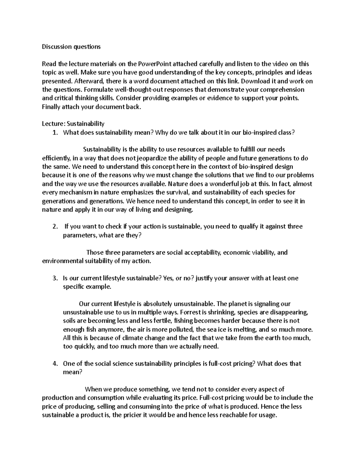 Review Questions on Sustainability - Discussion questions Read the ...