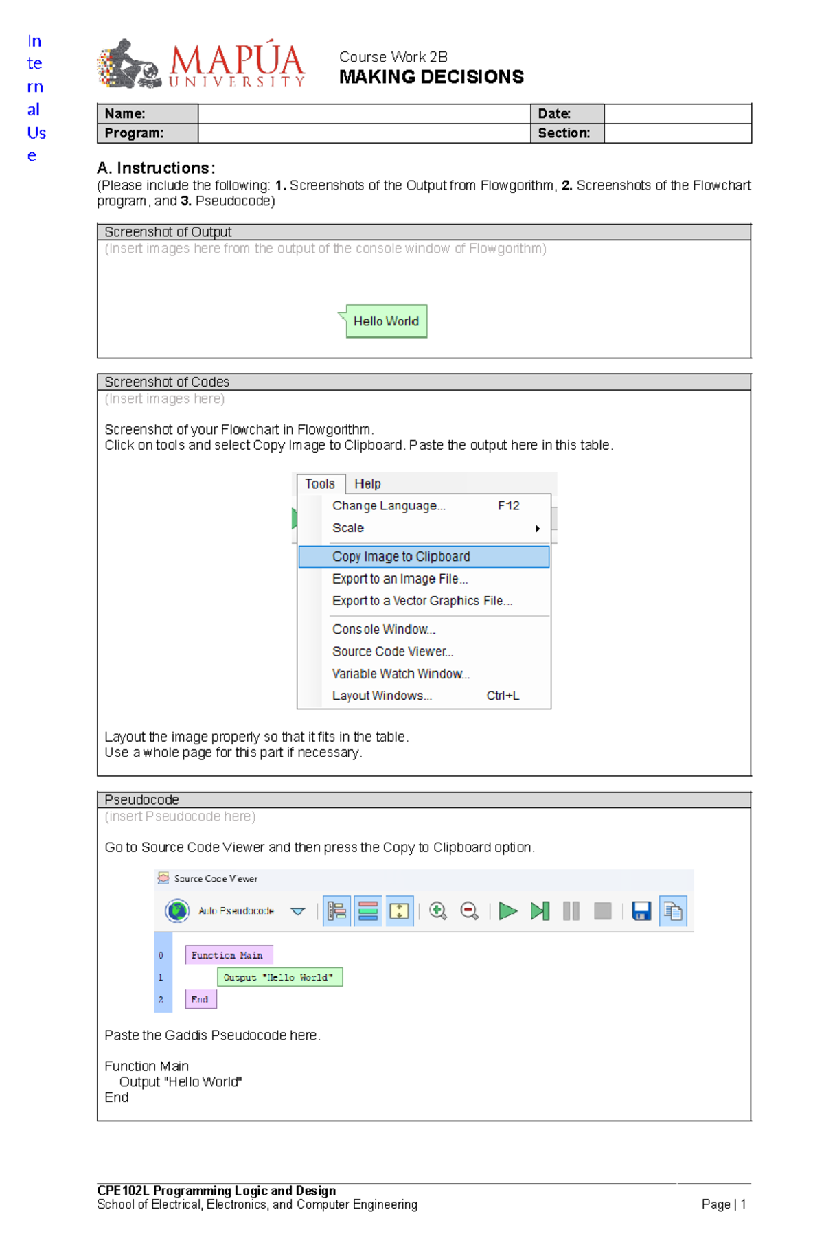 CW2B - pseudocode - te rn al Us e Course Work 2B MAKING DECISIONS Name ...
