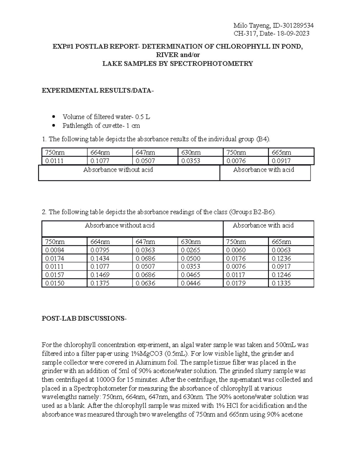 Anapostlab 1 analytical instrumentation lab report 1 CH317, Date 1809 EXP1 POSTLAB