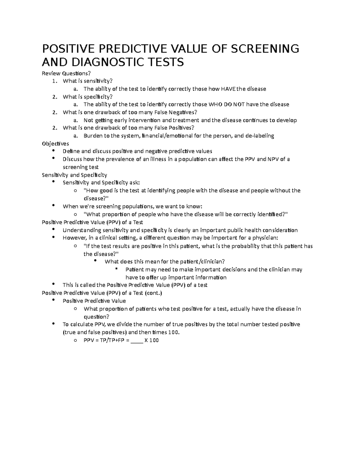 Ch 5 lecture notes POSITIVE PREDICTIVE VALUE OF SCREENING AND