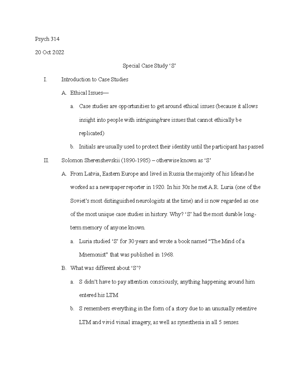 Case study 'S' lecture notes - Psych 314 20 Oct 2022 Special Case Study ...