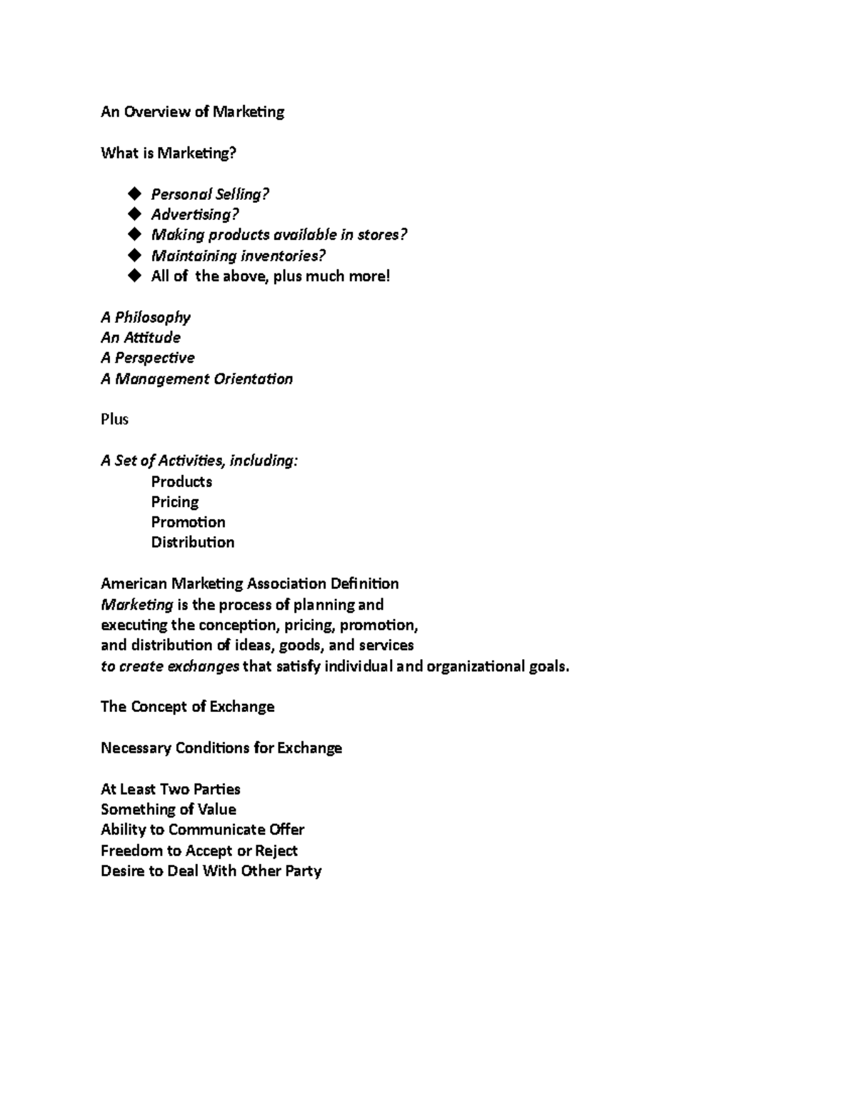 CH1 - MRKT - Lecture notes 1-2 - An Overview of Marketing What is ...