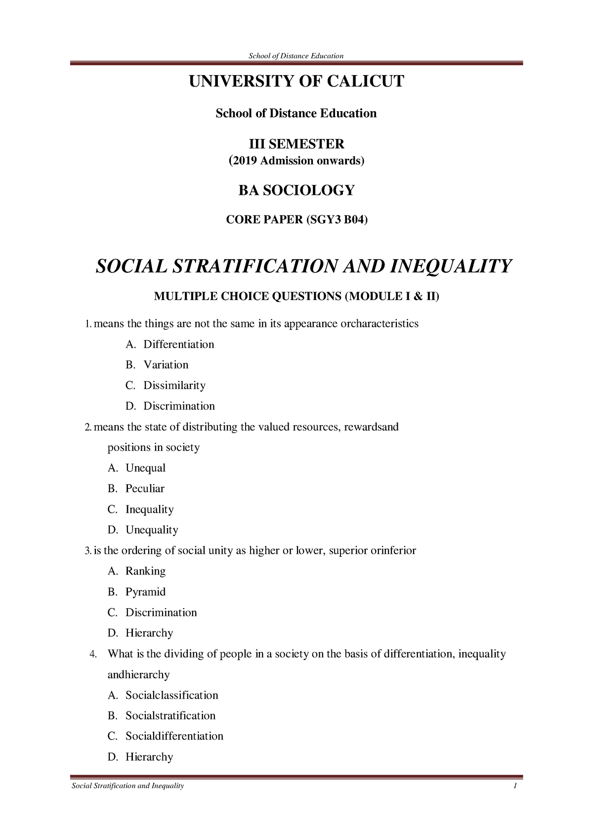 MCQ- III Sem BA Sociology- Social Stratification AND Inequality ...