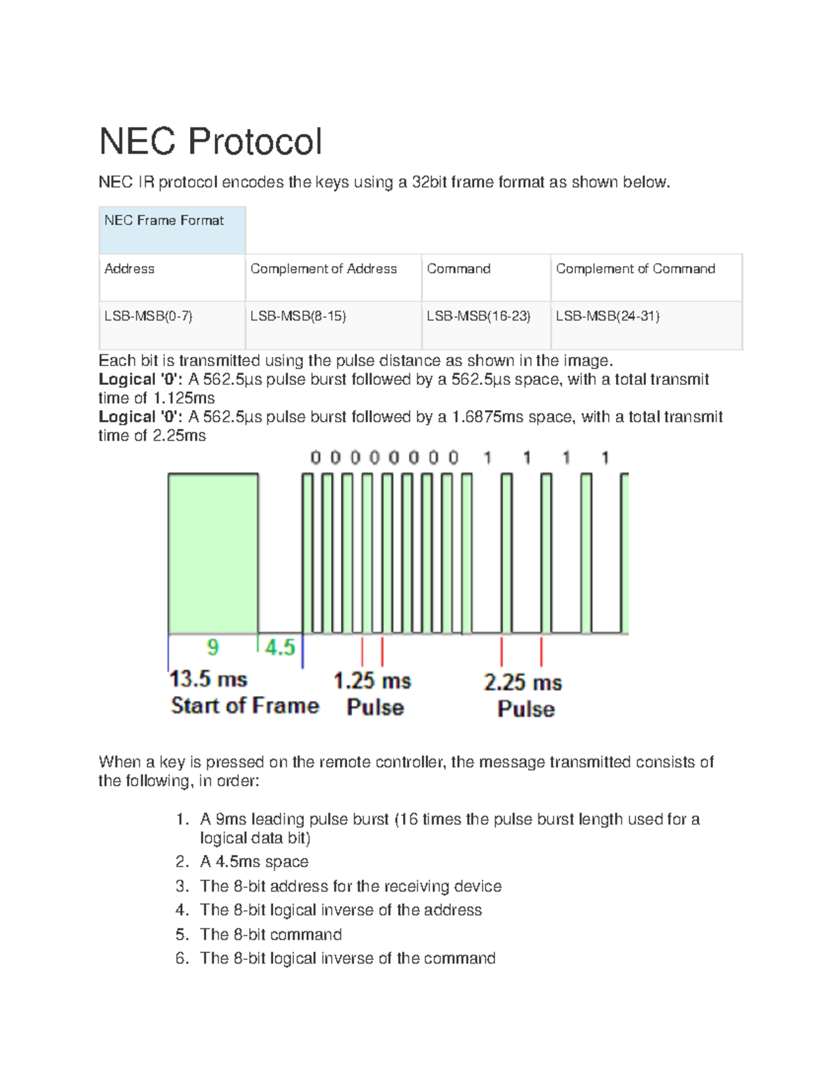 NEC Protocol - datasheet - NEC Protocol NEC IR protocol encodes the ...