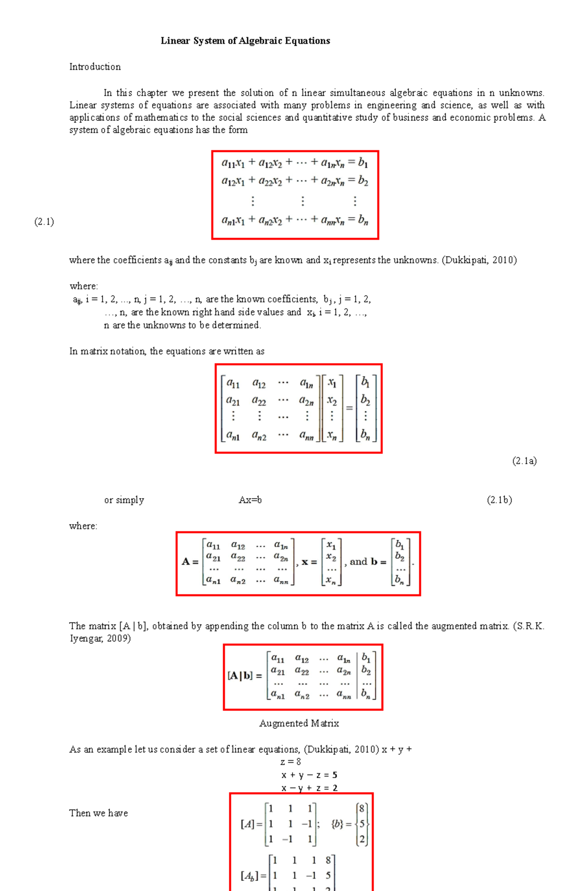 Linear System of Algebraic Equations - Linear System of Algebraic ...