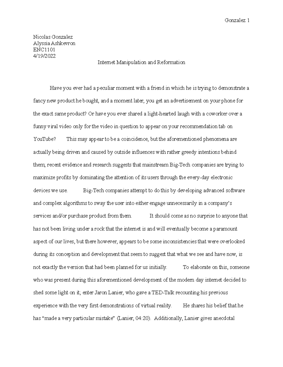 ENC1101 Synthesis Essay Final Draft - Nicolas Gonzalez Alyssia ...