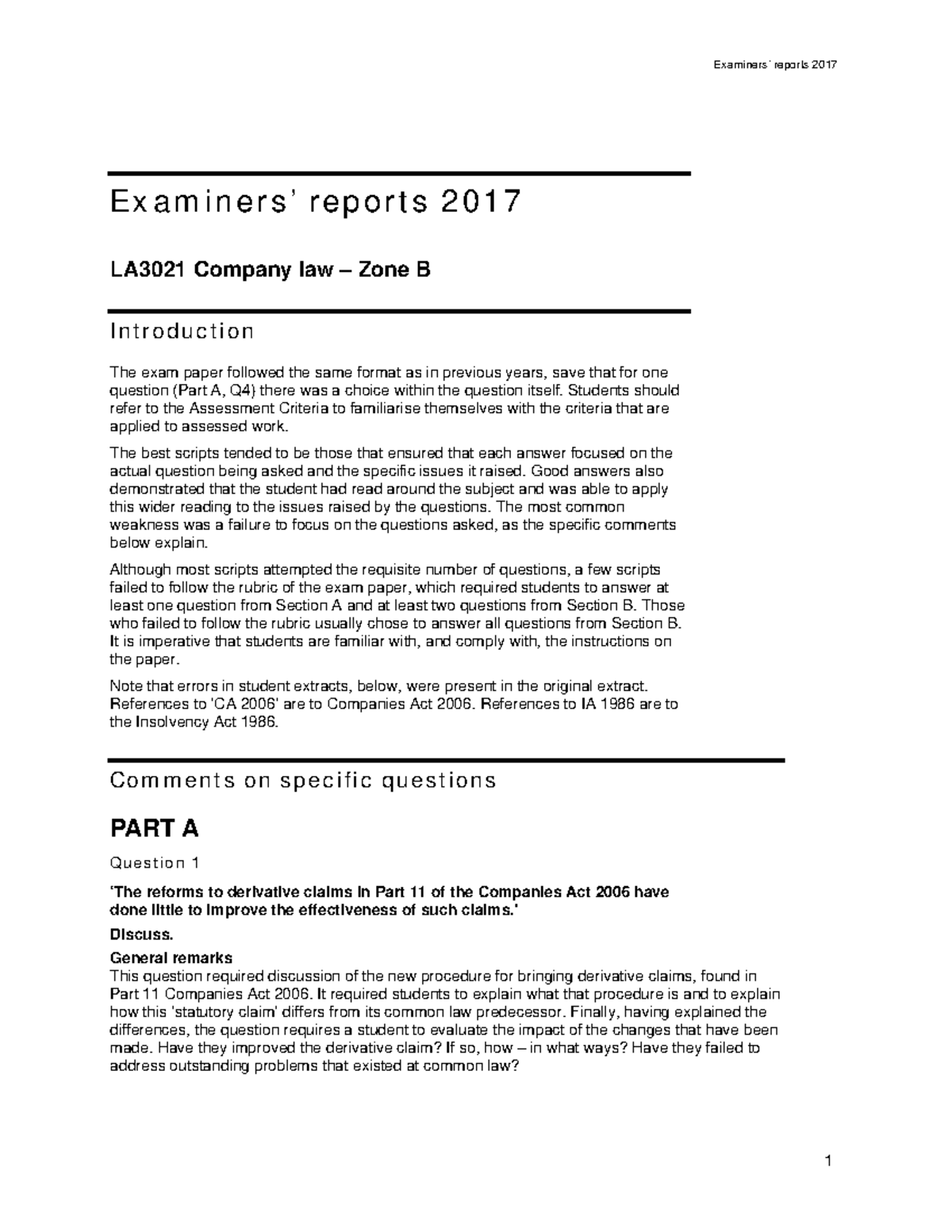 Company Law LA3021 Exam Paper Report 2017 ZB - Examiners’ Reports 2017 ...