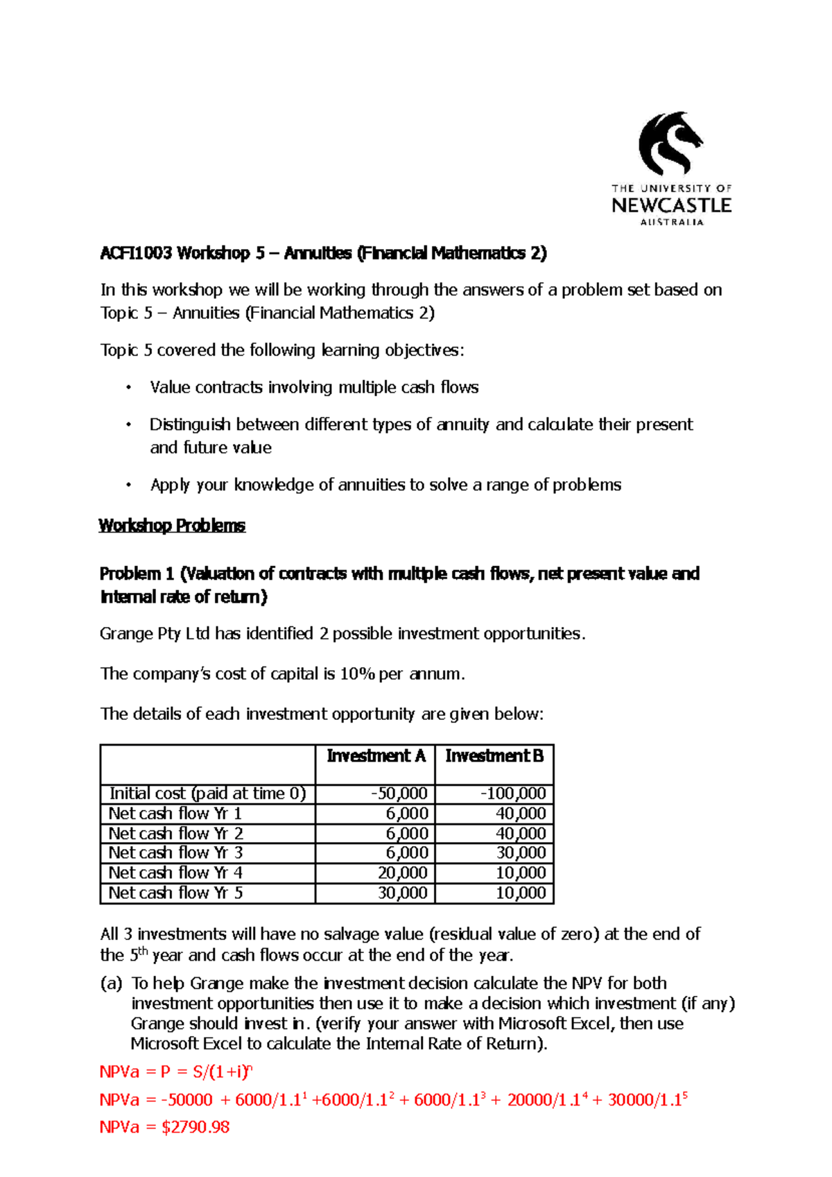 Workshop 5 - ACFI1003 Intro to Finance 2021 Notes - ACFI 1003 Workshop ...