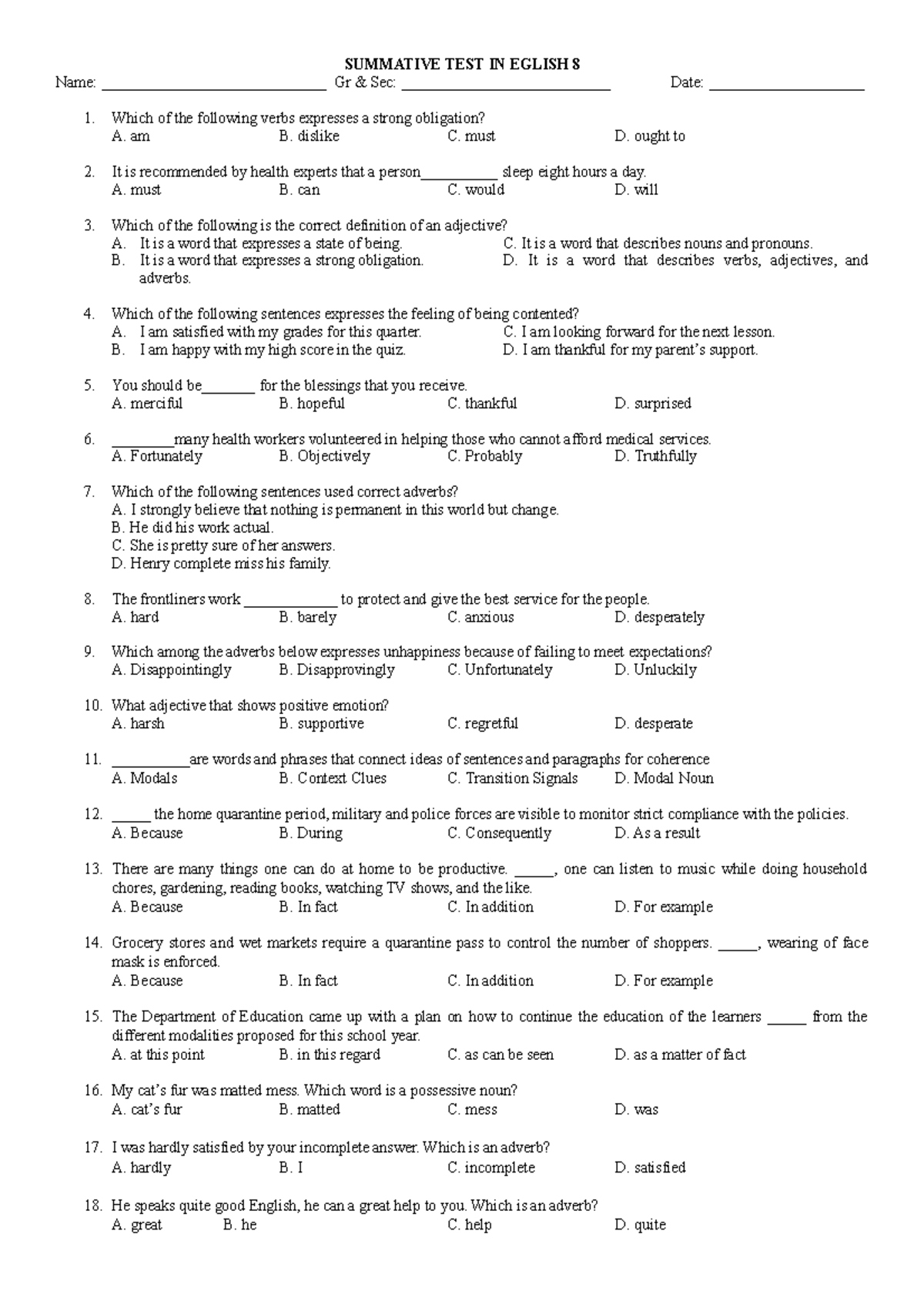 Summative TEST IN Eglish 8 - SUMMATIVE TEST IN EGLISH 8 Name