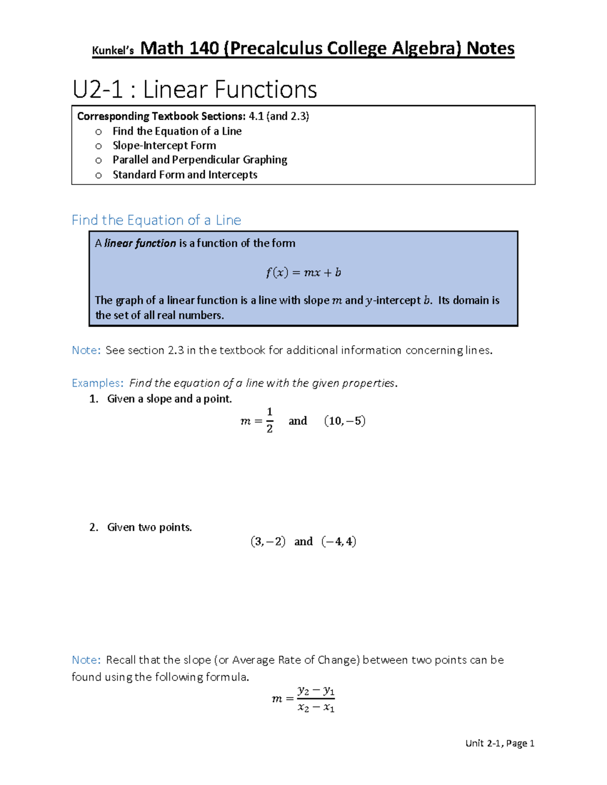 2-1 - Linear Functions - Kunkel’s Math 140 (Precalculus College Algebra ...