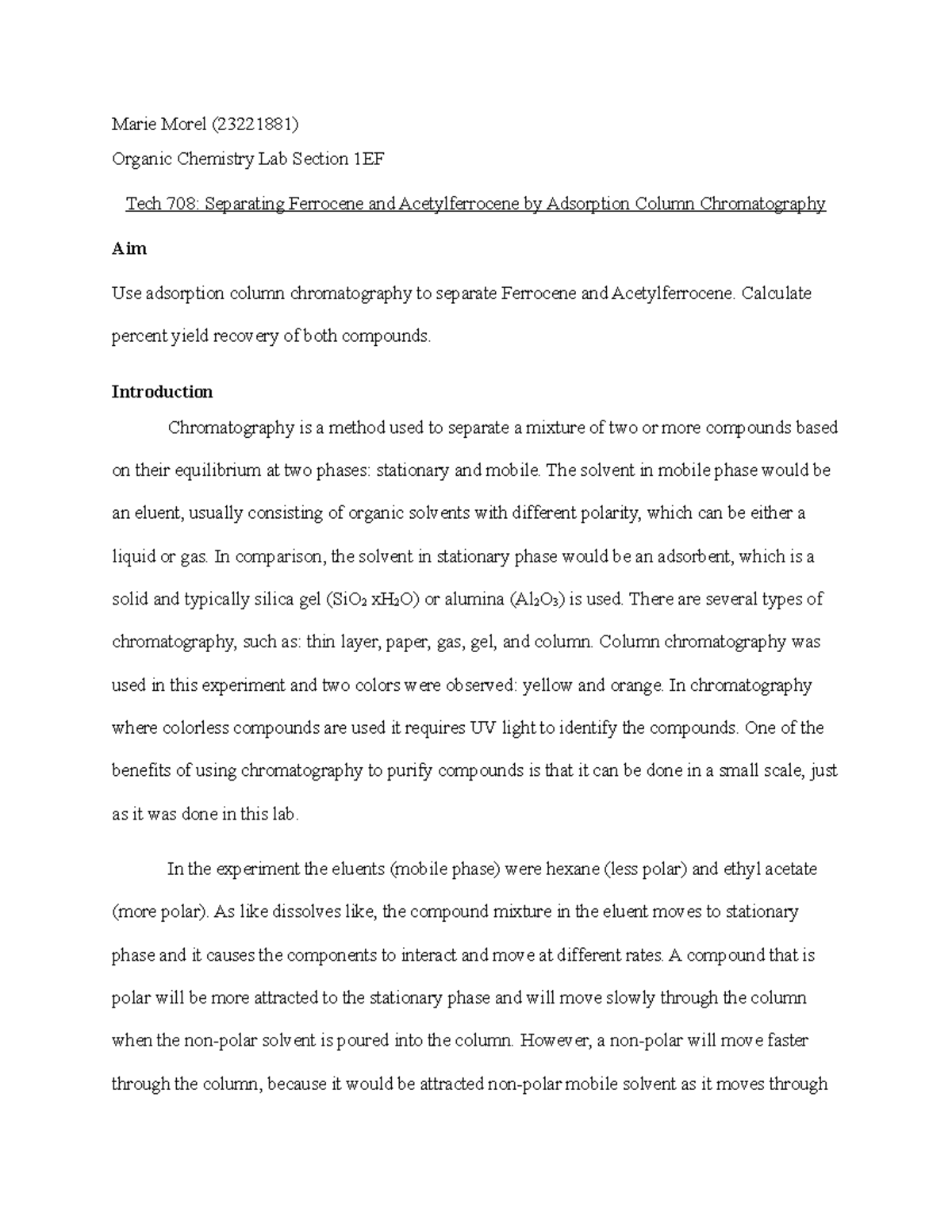 orgo lab 5Separating Ferrocene and Acetylferrocene by Adsorption