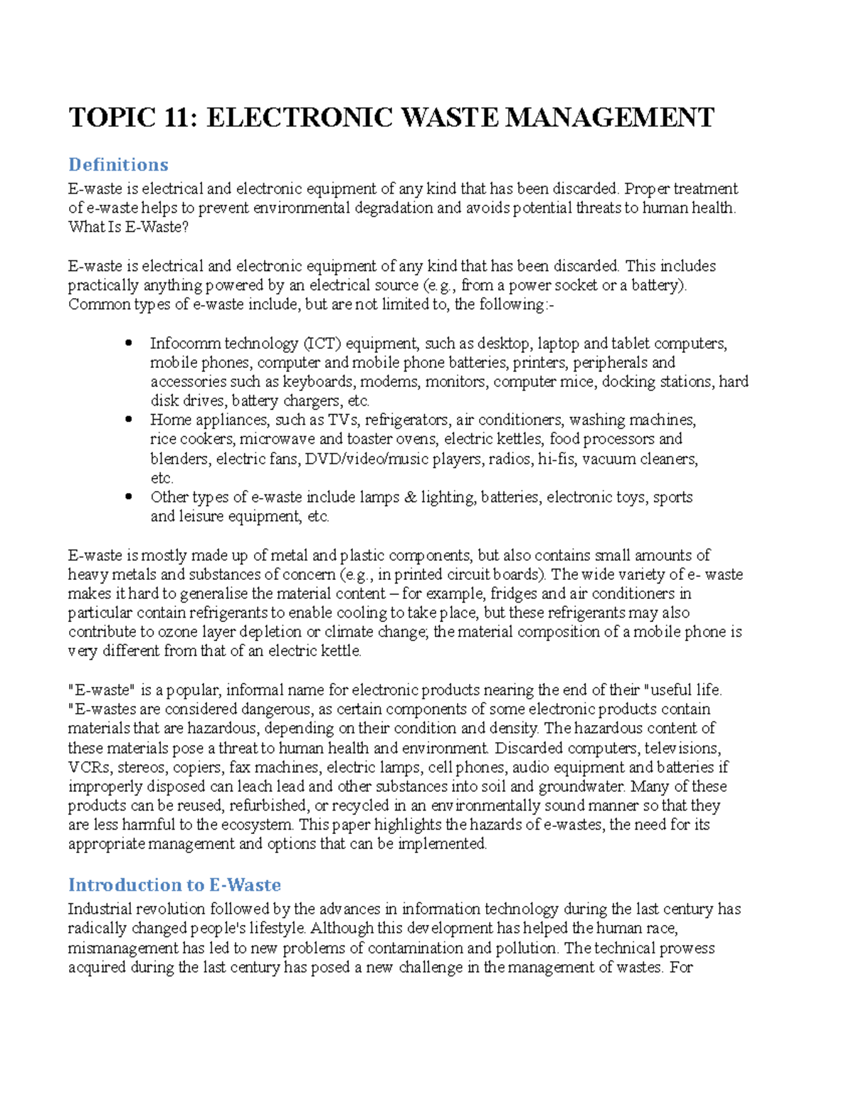 Topic 11 Electronic Waste Management - Topic 11: Electronic Waste 