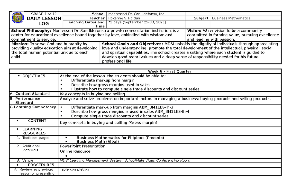 Q1W6 BM - NONE - GRADE 1 to 12 DAILY LESSON LOG School Montessori De ...