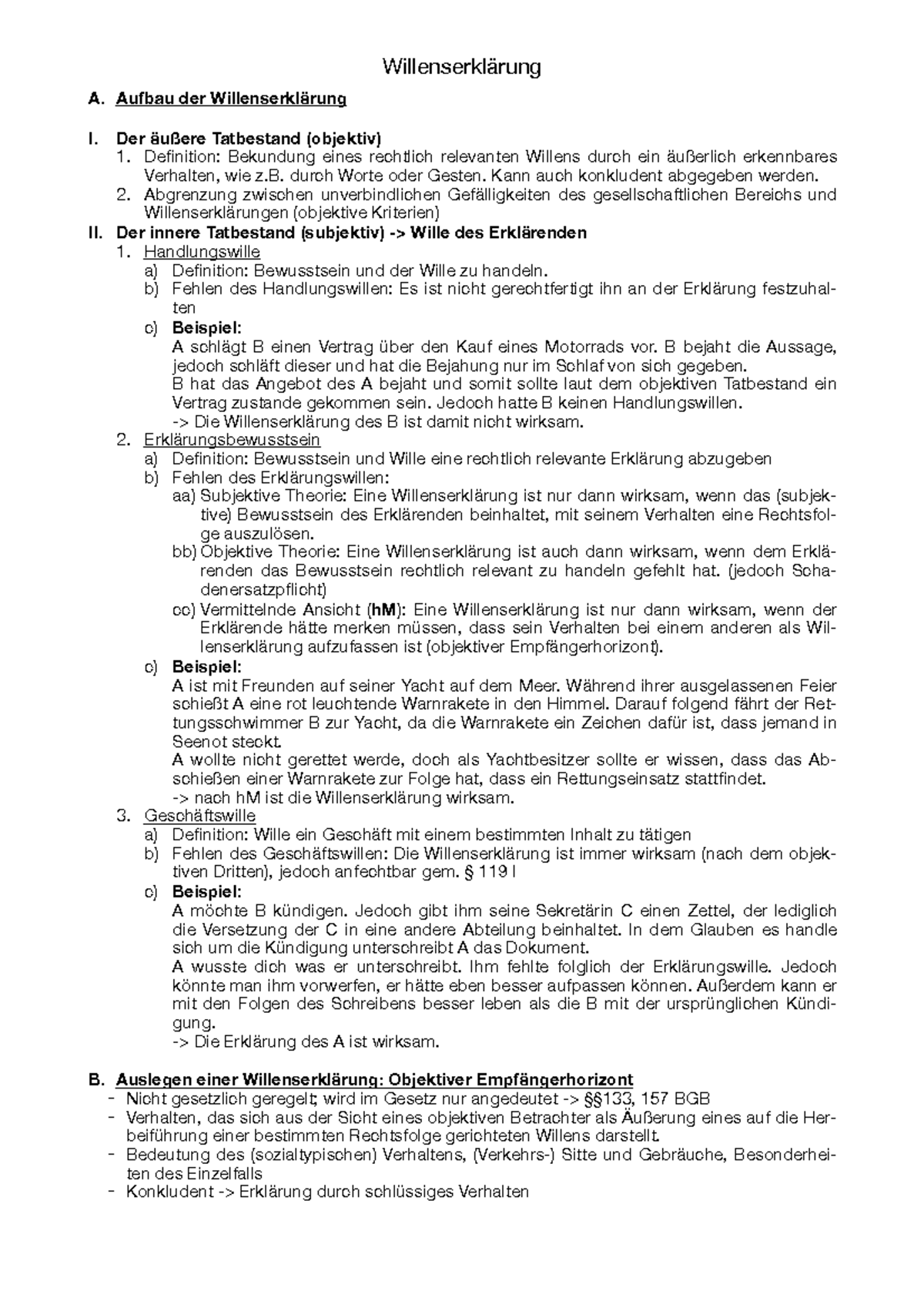 §1 Willenserklärung - Willenserklärung A. Aufbau der Willenserklärung I