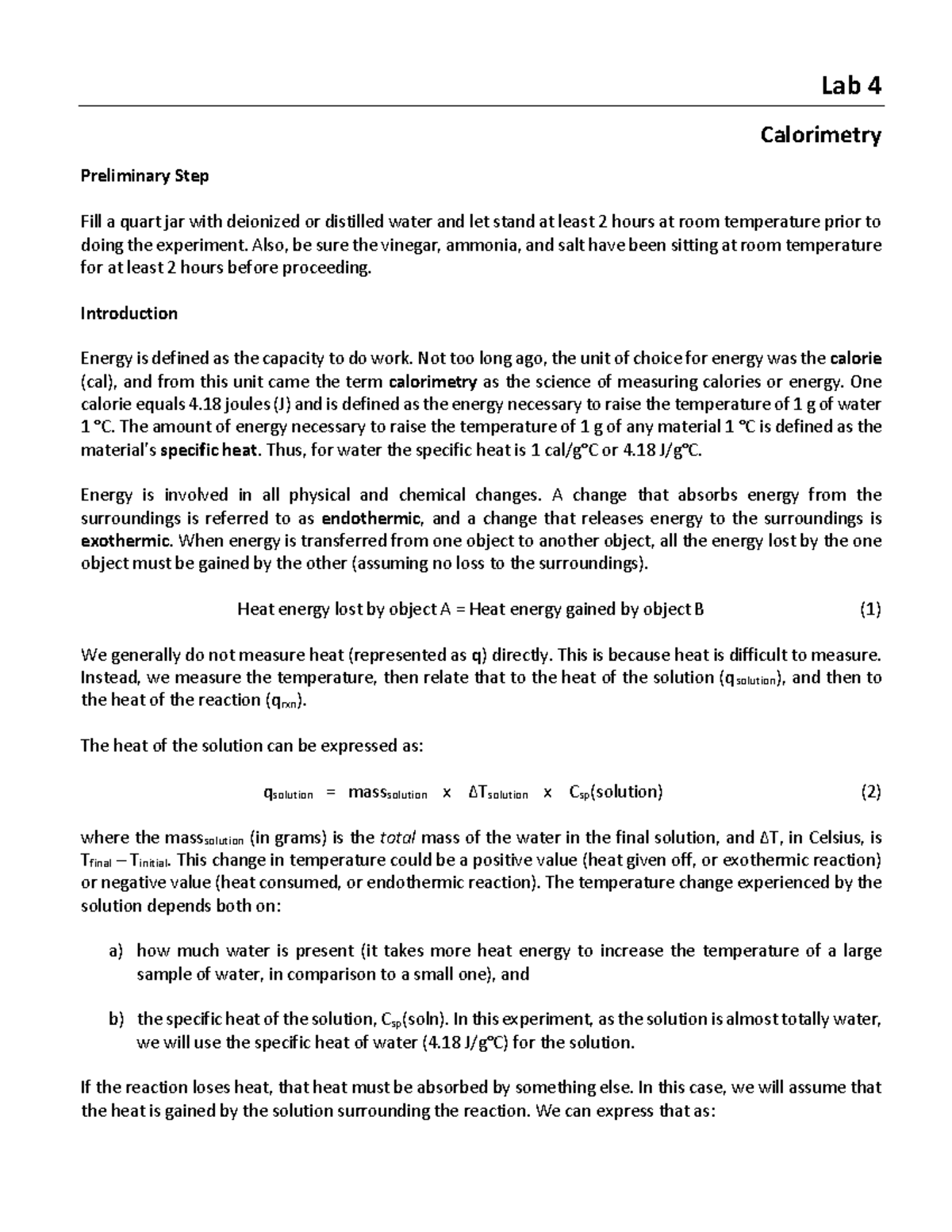 04Calorimetry1 Lab 4 Lab 4 Calorimetry Preliminary Step Fill a