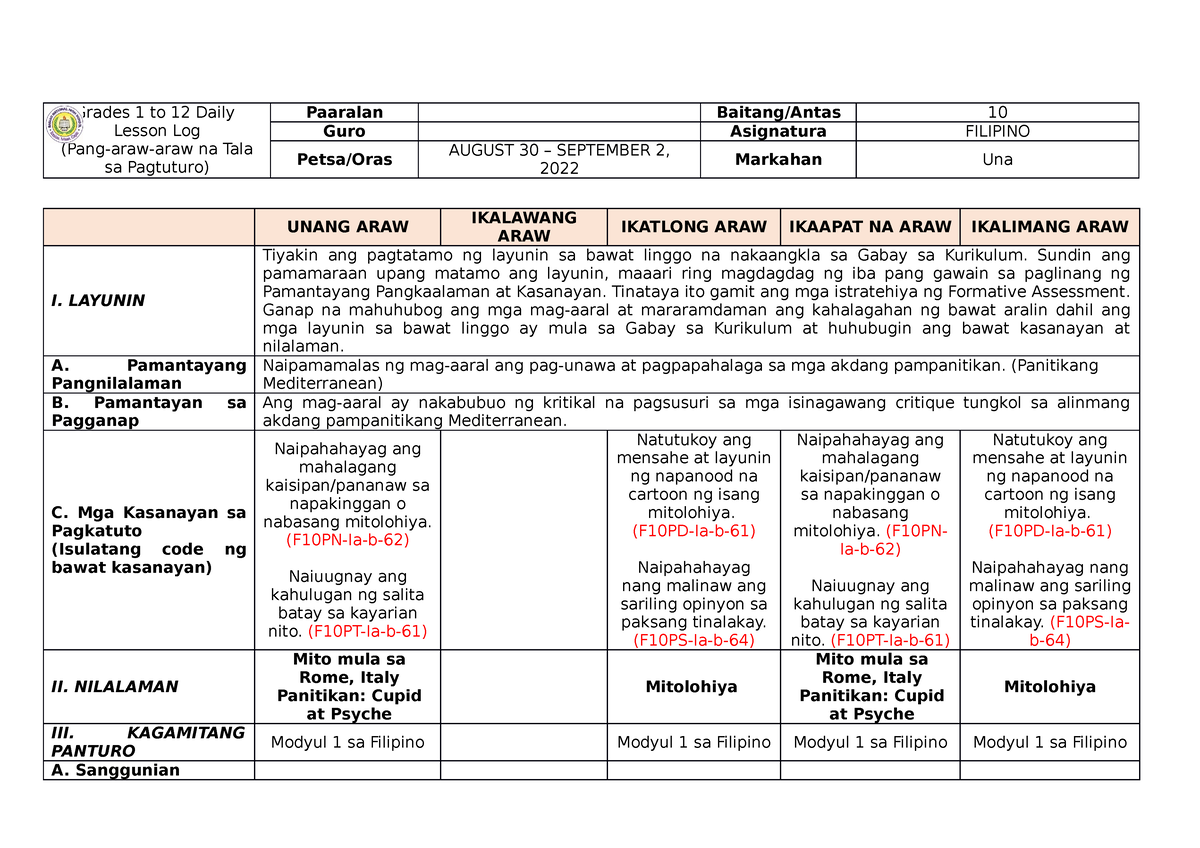 DLL Filipino 10 - Grades 1 To 12 Daily Lesson Log (Pang-araw-araw Na ...