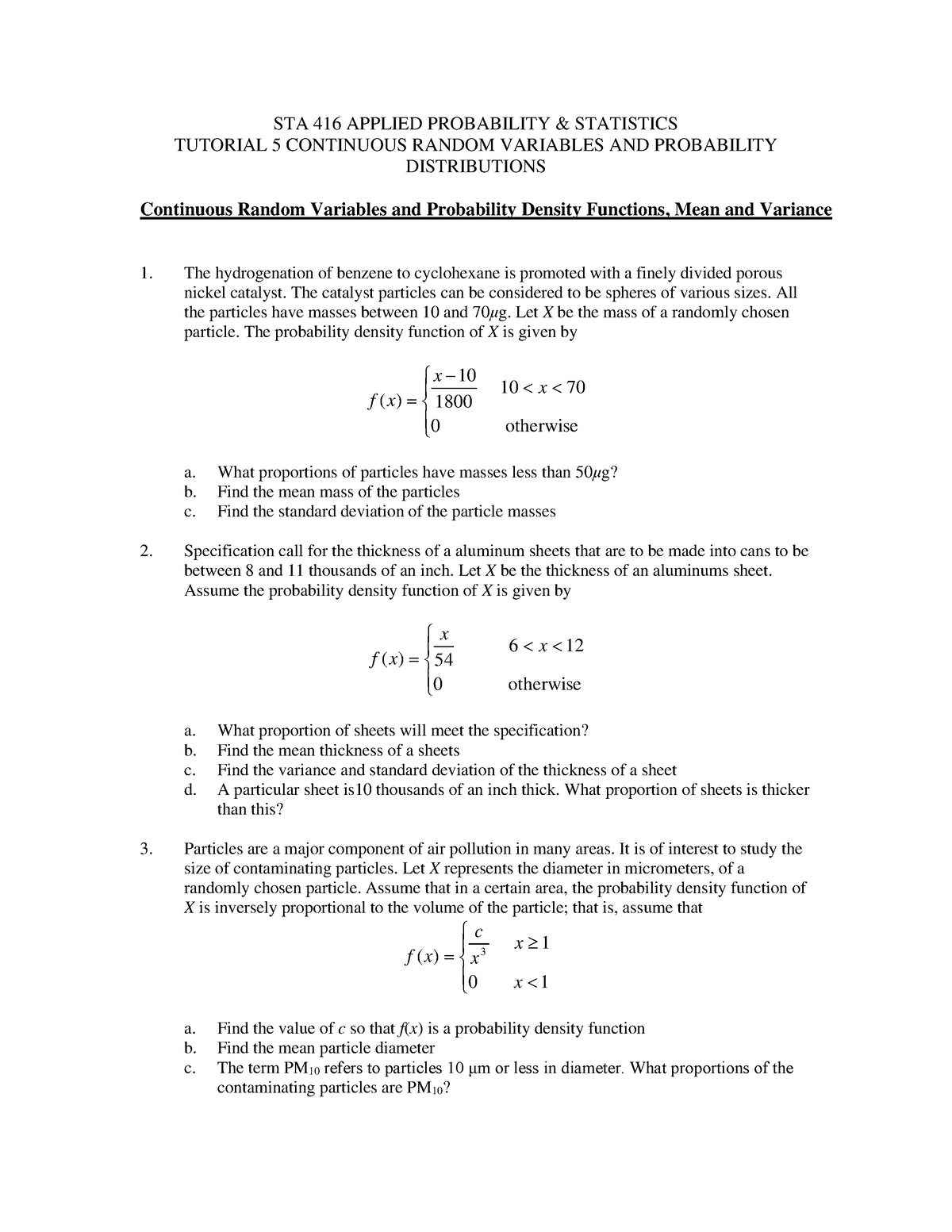 Tutorial 5 - STA 416 APPLIED PROBABILITY & STATISTICS TUTORIAL 5 ...