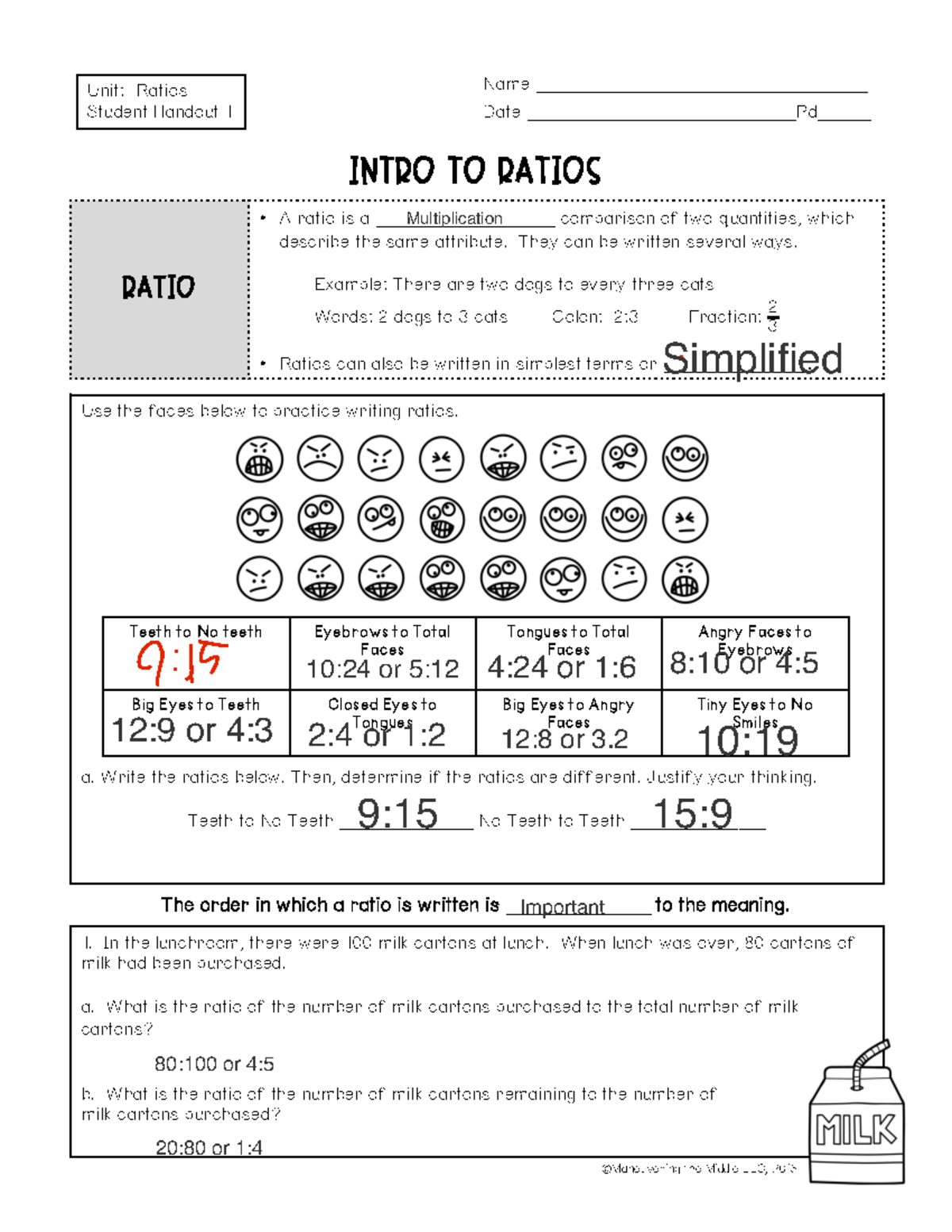6th fuller Ratios Student Handouts 2021 GN1 RATIO A Ratio Is A