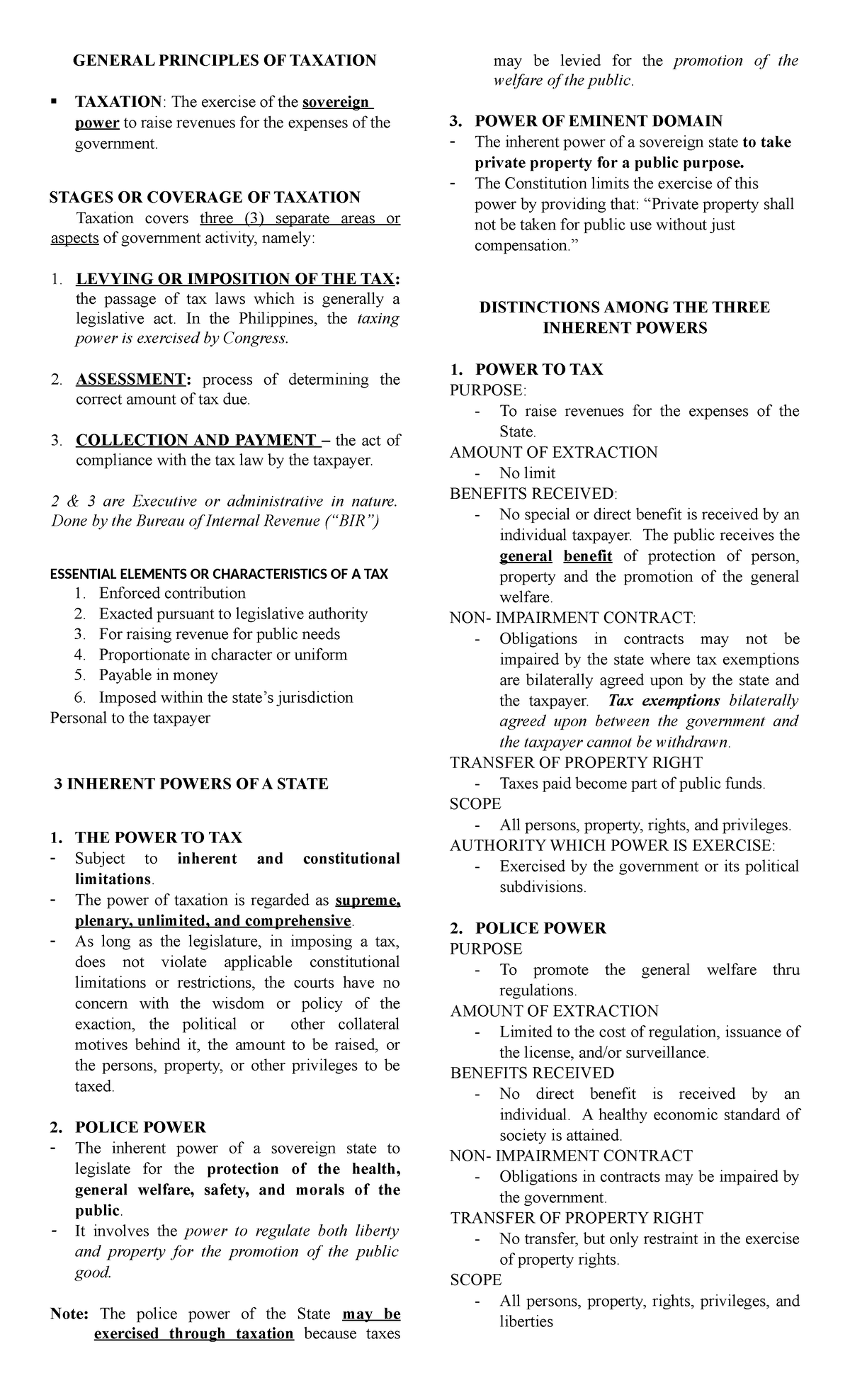 Notes ( Income Taxation) - GENERAL PRINCIPLES OF TAXATION TAXATION: The ...
