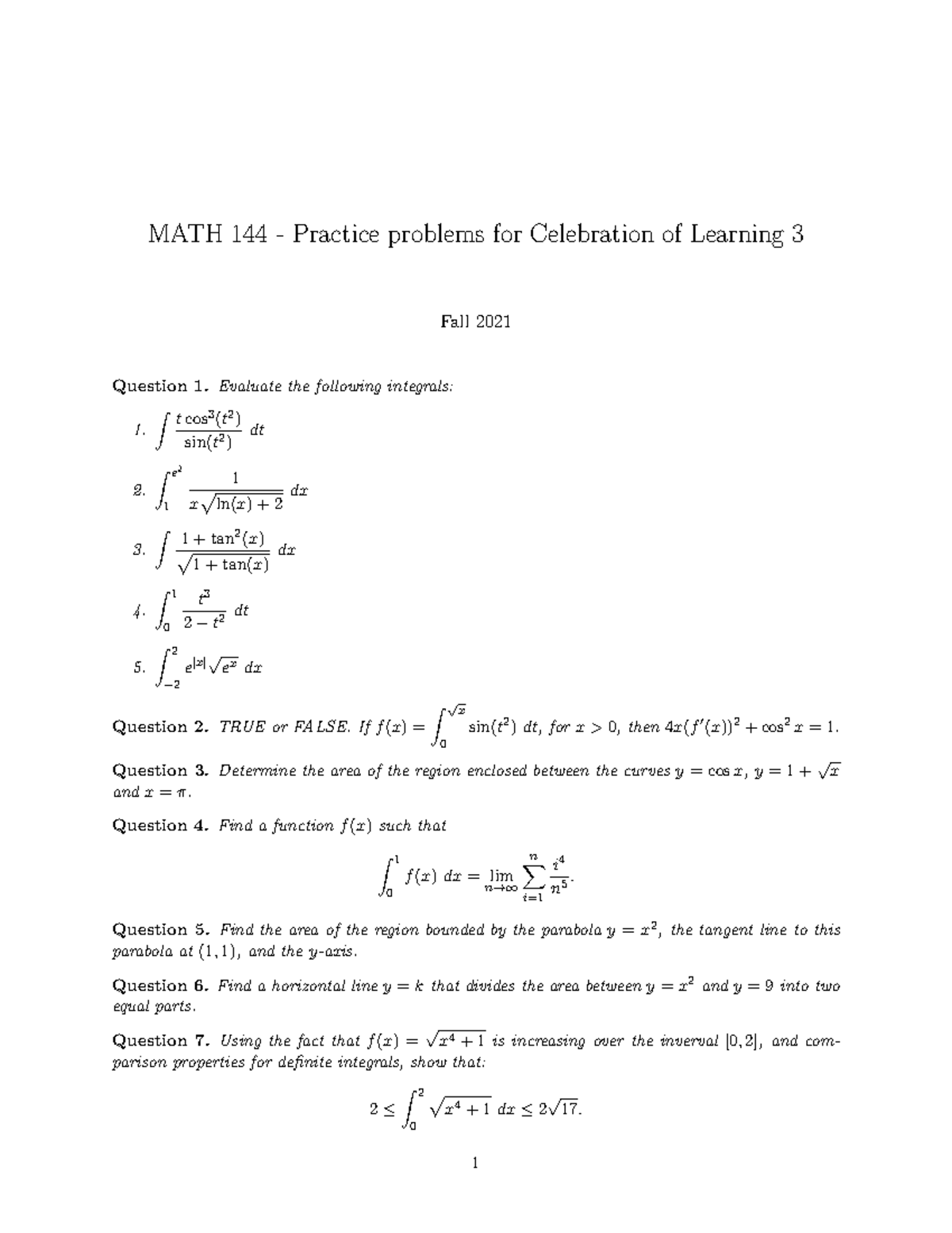 Practice Problems Quiz 3 MATH 144 Practice Problems For Celebration 