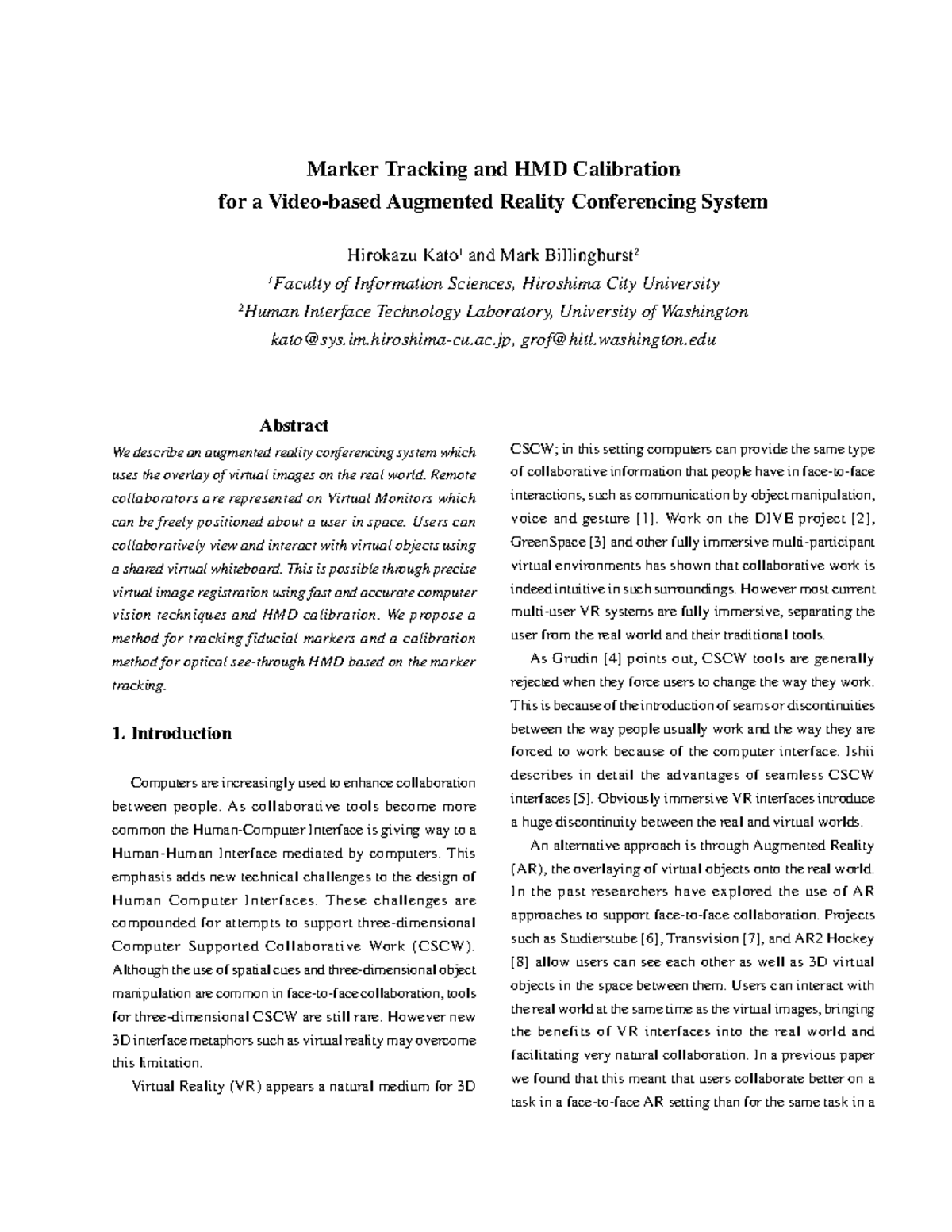Marker tracking and hmd calibration for a videobased augmented r ...