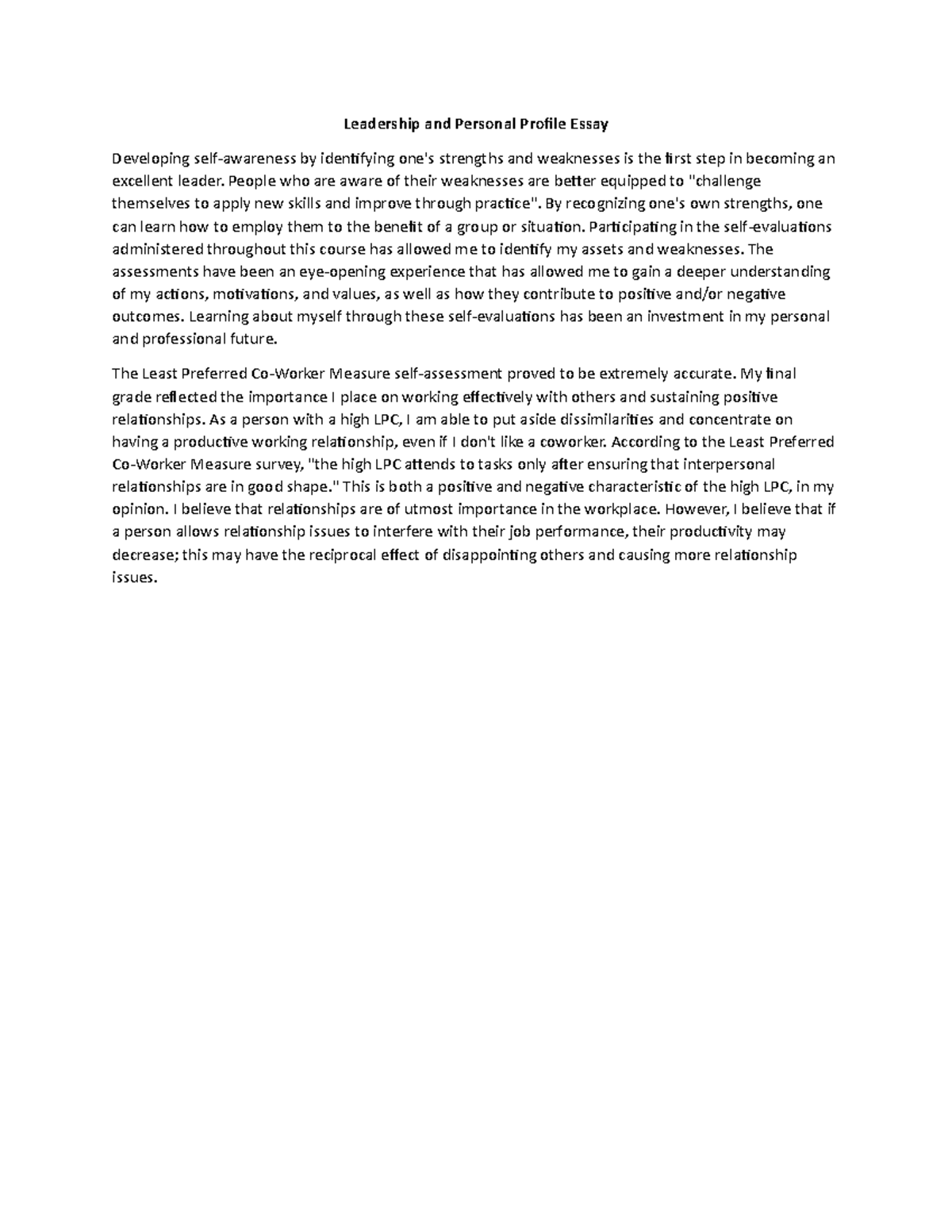 Leadership and Personal Profile Essay Leadership and Personal Profile