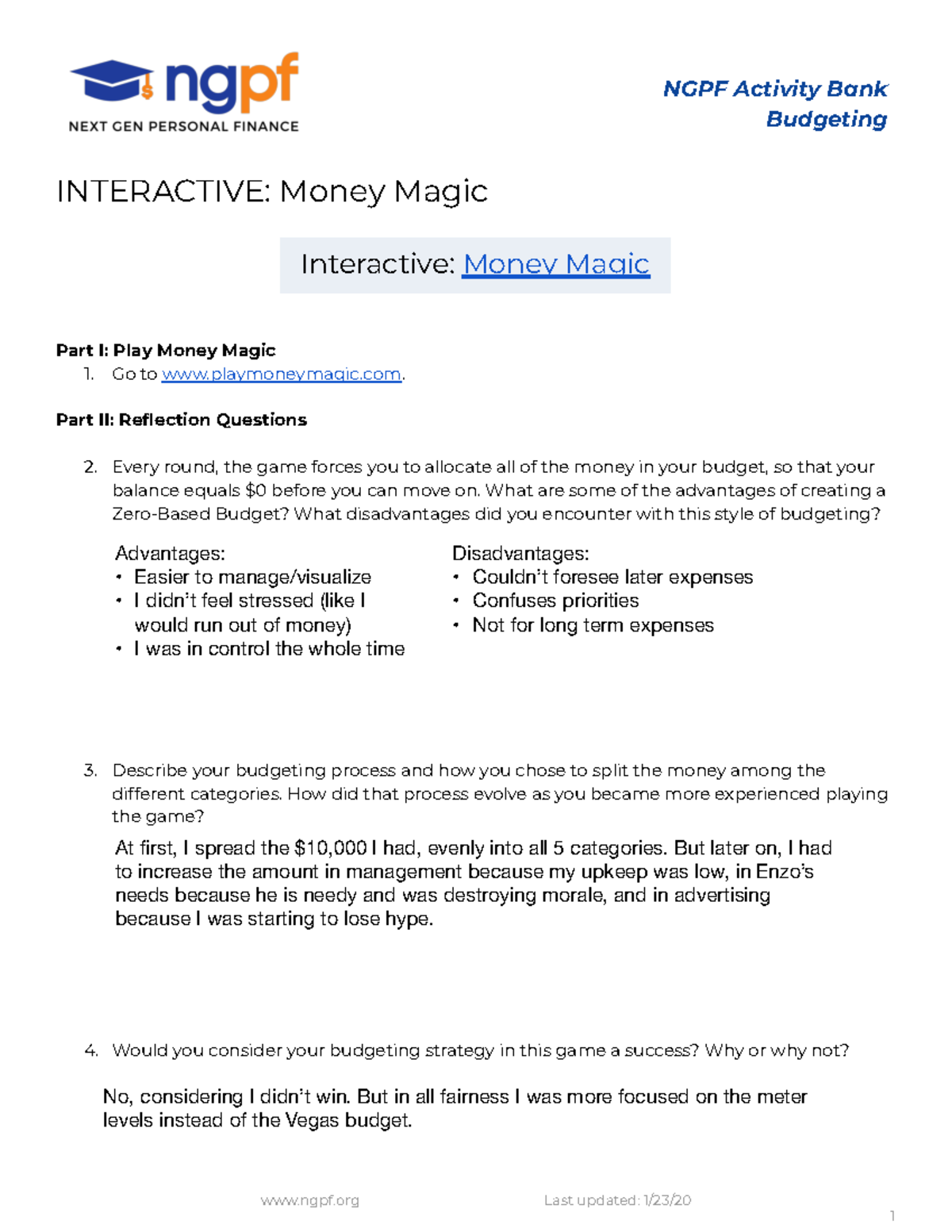 Interactive Money Magic NGPF Activity Bank Budgeting INTERACTIVE Money Magic Interactive