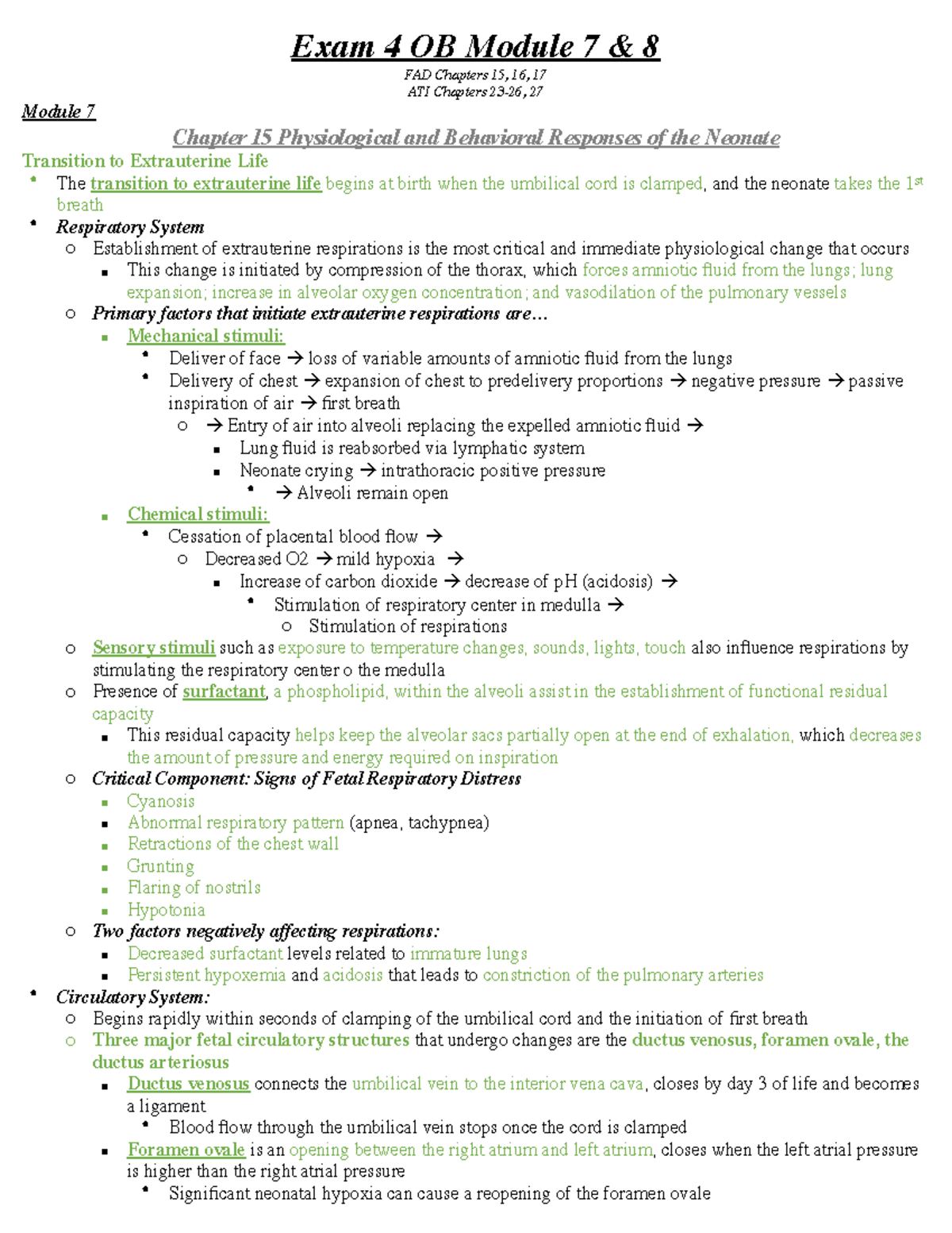 Exam 4 Ob - Ob Exam - Exam 4 Ob Module 7 & 8 Fad Chapters 15, 16, 17 