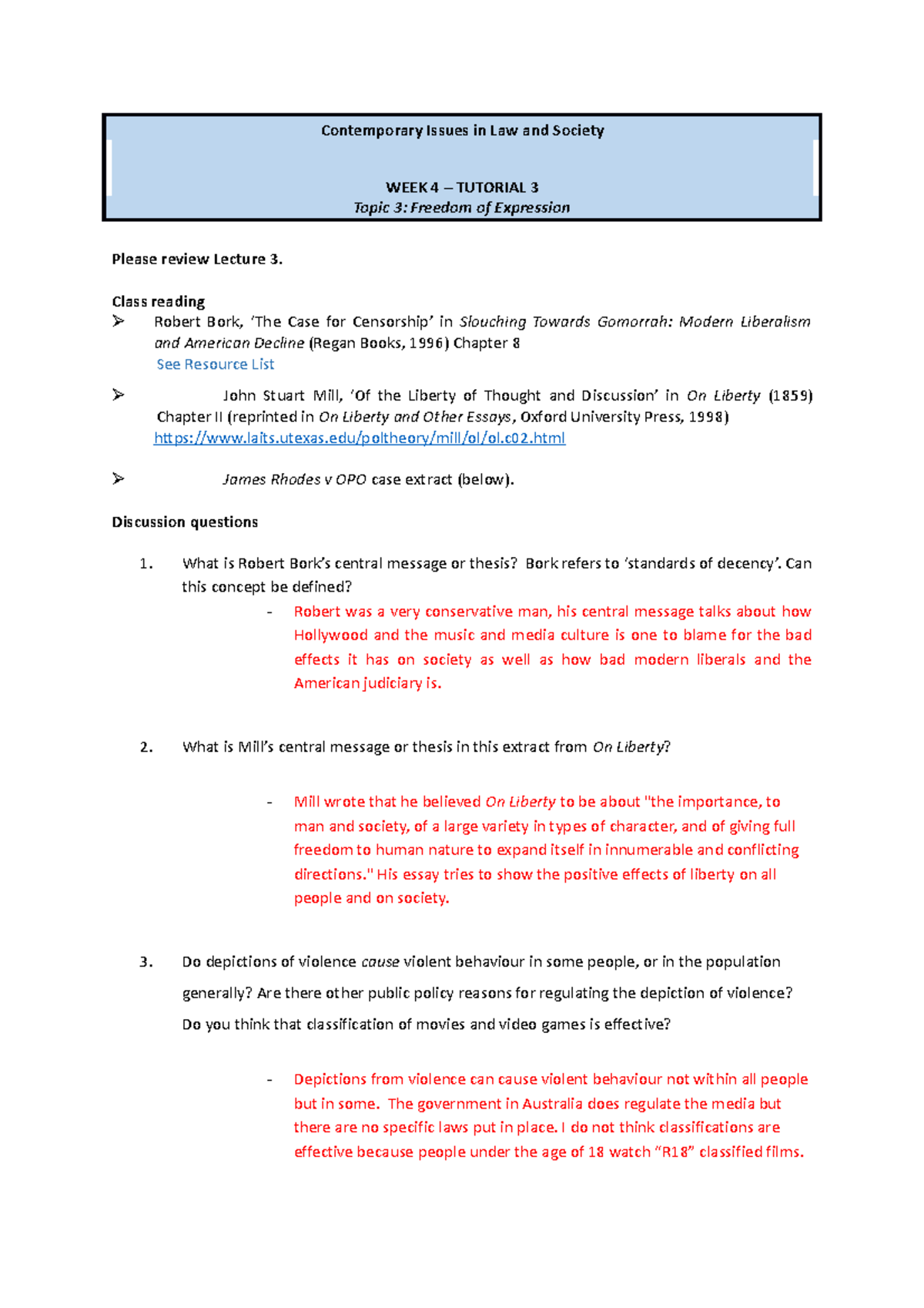 Tutorial 3(Wk4) Freedom of Expression - Contemporary Issues in Law and ...