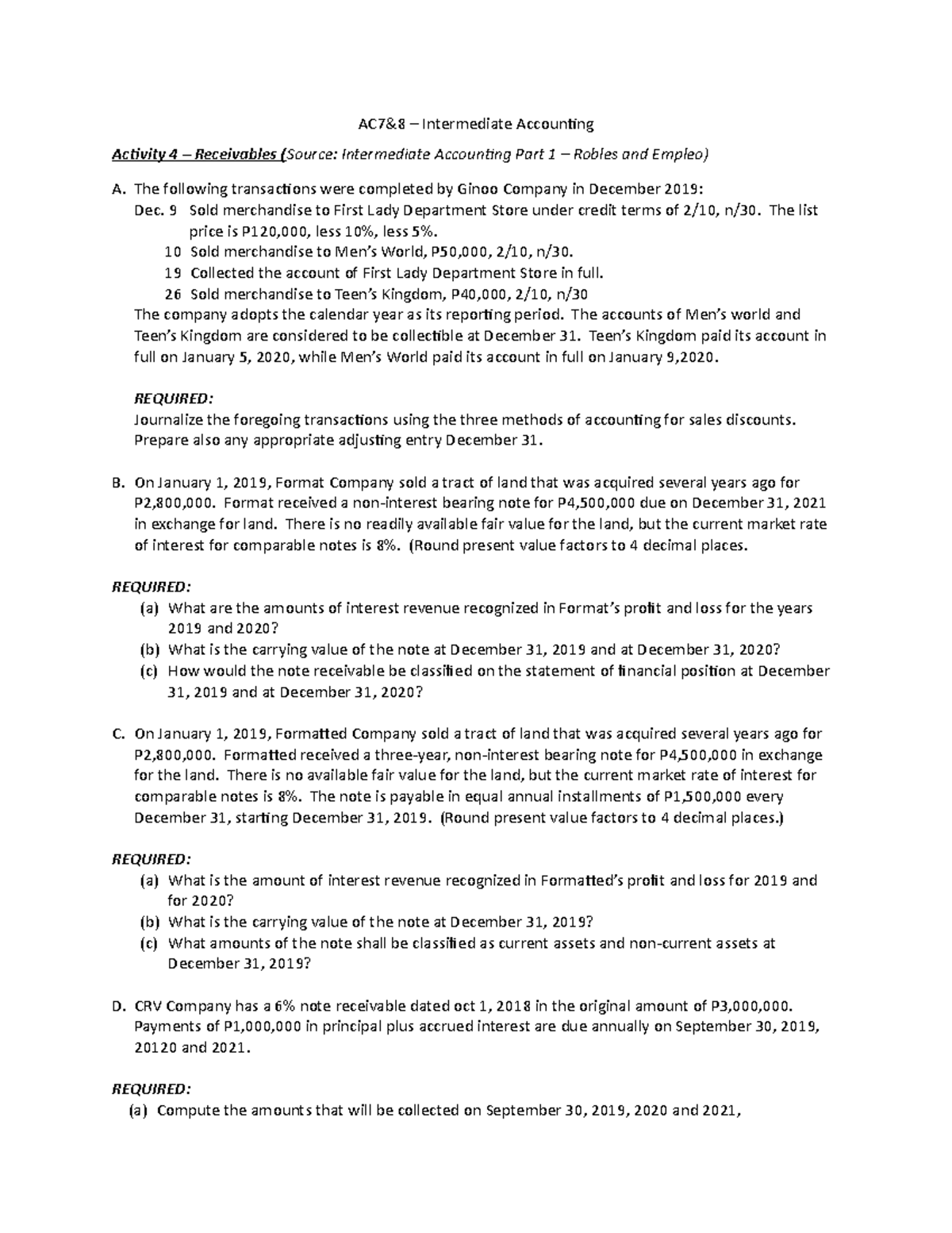 Activity 4 - Receivables Intermediate Accounting 1 Notes - Bs ...