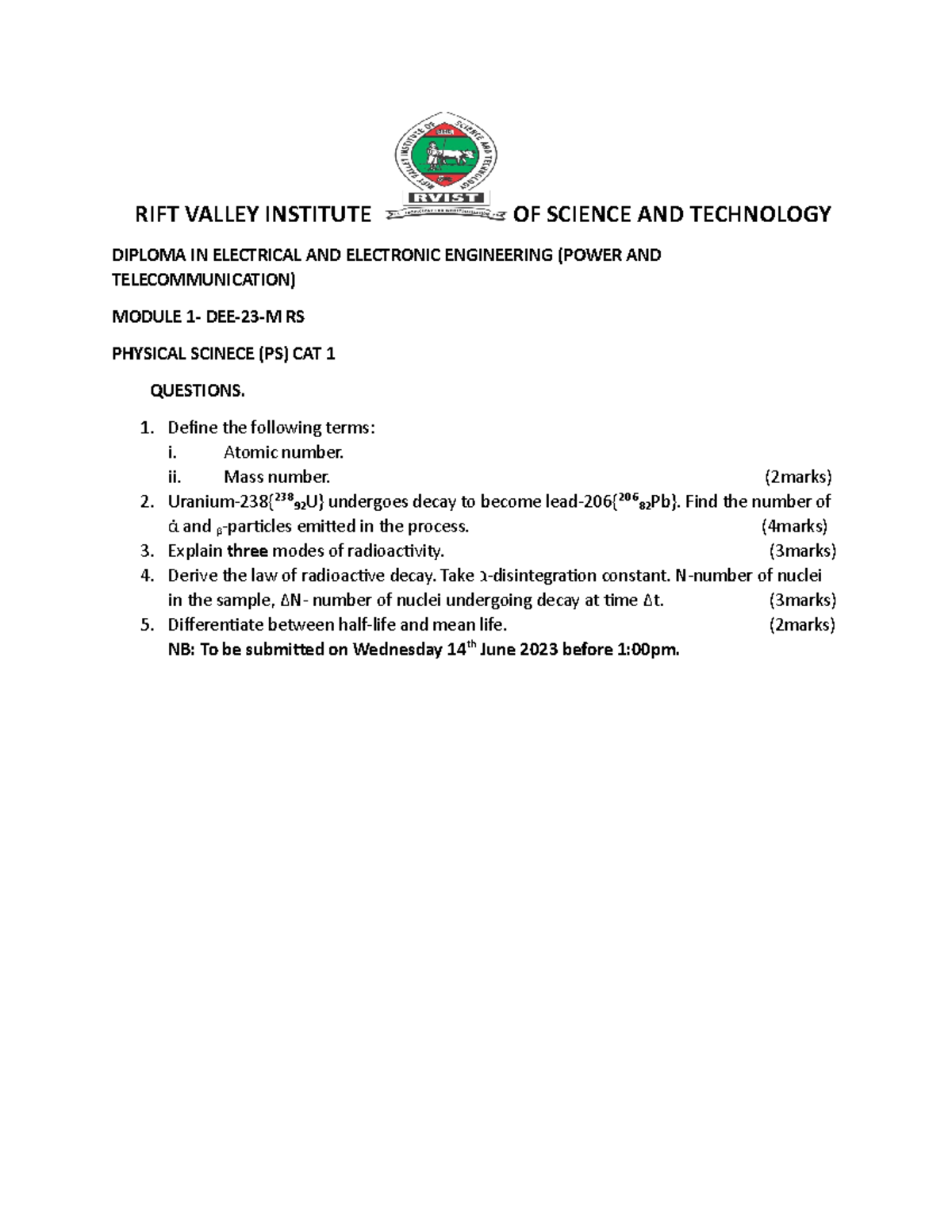 CAT 1 PS Diploma in electrical and electronics Engineering