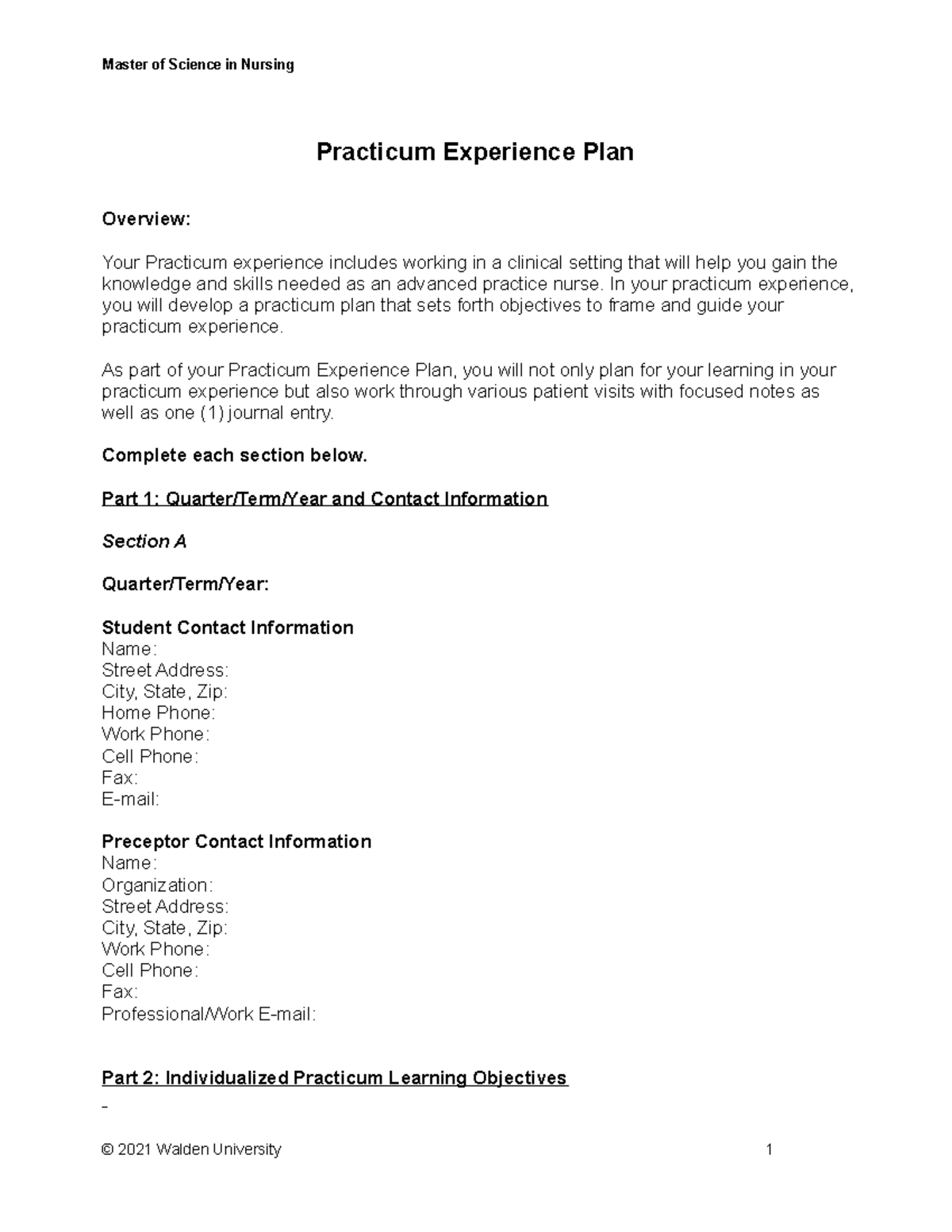 Practicum Experience Plan Practicum Experience Plan Overview Your