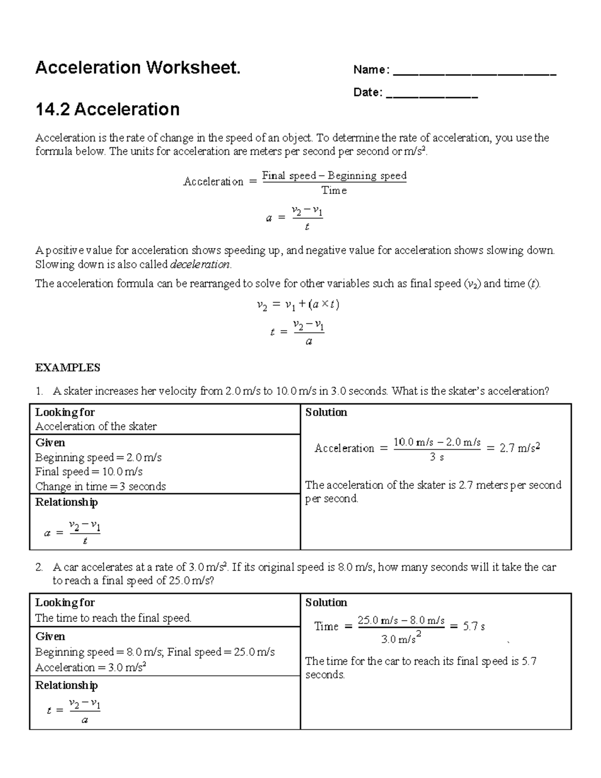 Acceleration Worksheet - Name: Date: 14 Acceleration - Studocu Acceleration Worksheet - Name: Date: 14 Acceleration - Studocu