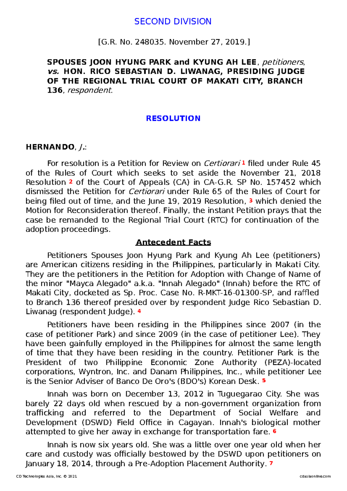 Spouses Park V. Liwanag - Second Division [g. No. 248035. November 27 