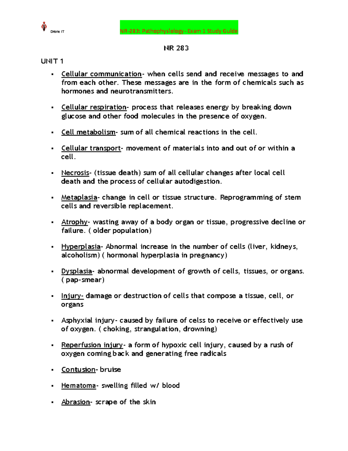 NR-283 Pathophysiology- Exam 1 Study Guide - NR 283 UNIT 1 Cellular ...