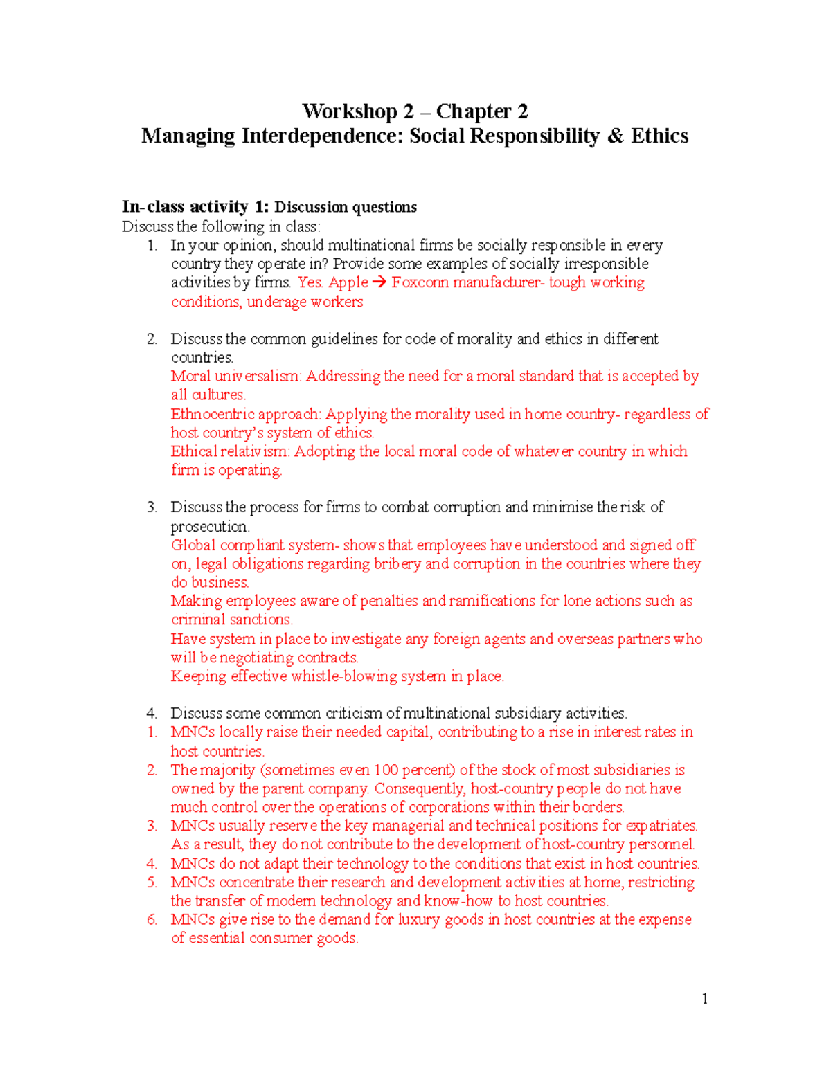 Workshop 2 - Social Responsibility and ethics - Workshop 2 – Chapter 2 ...