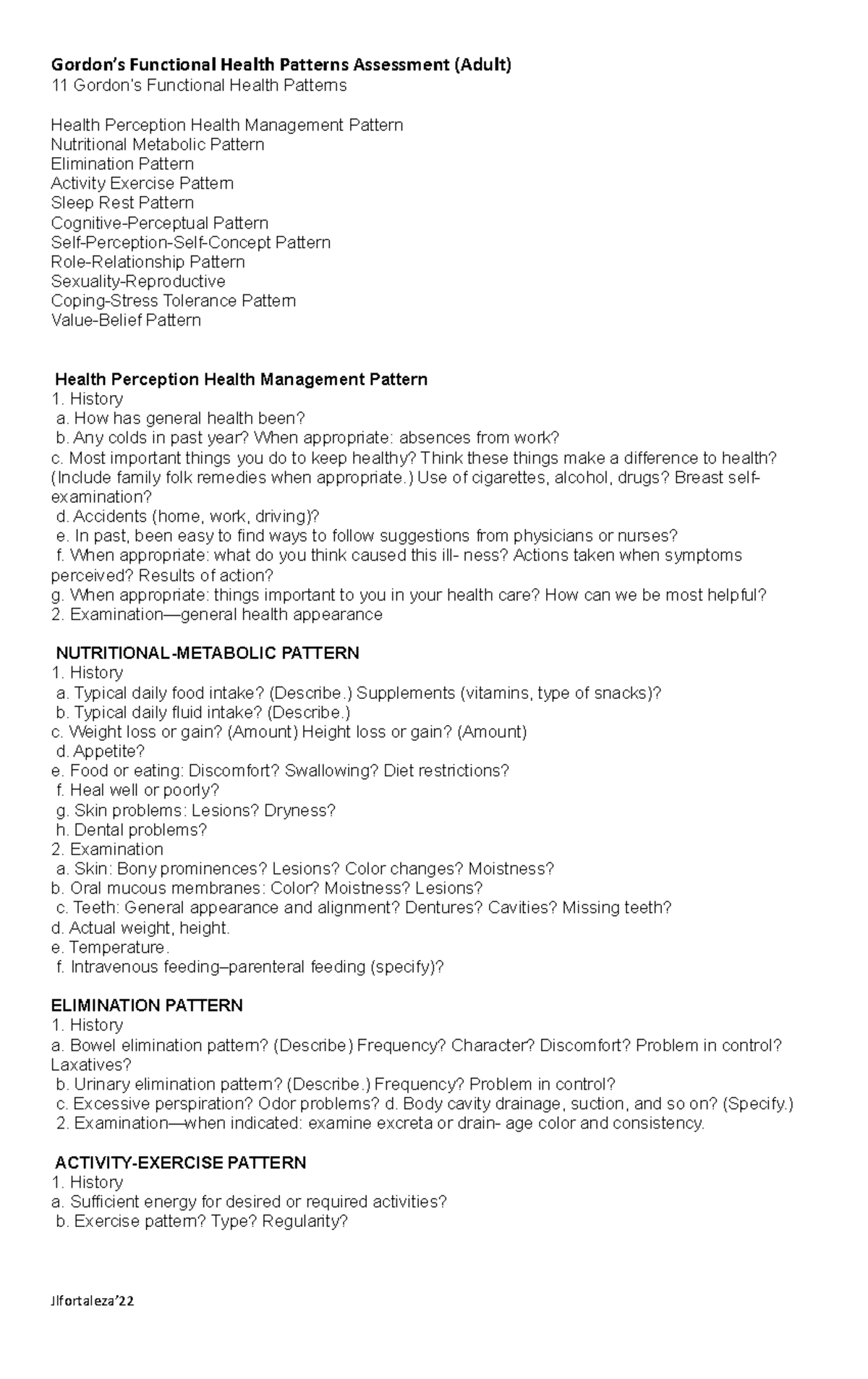 Gordons Functional Health Pattern - History a. How has general health ...